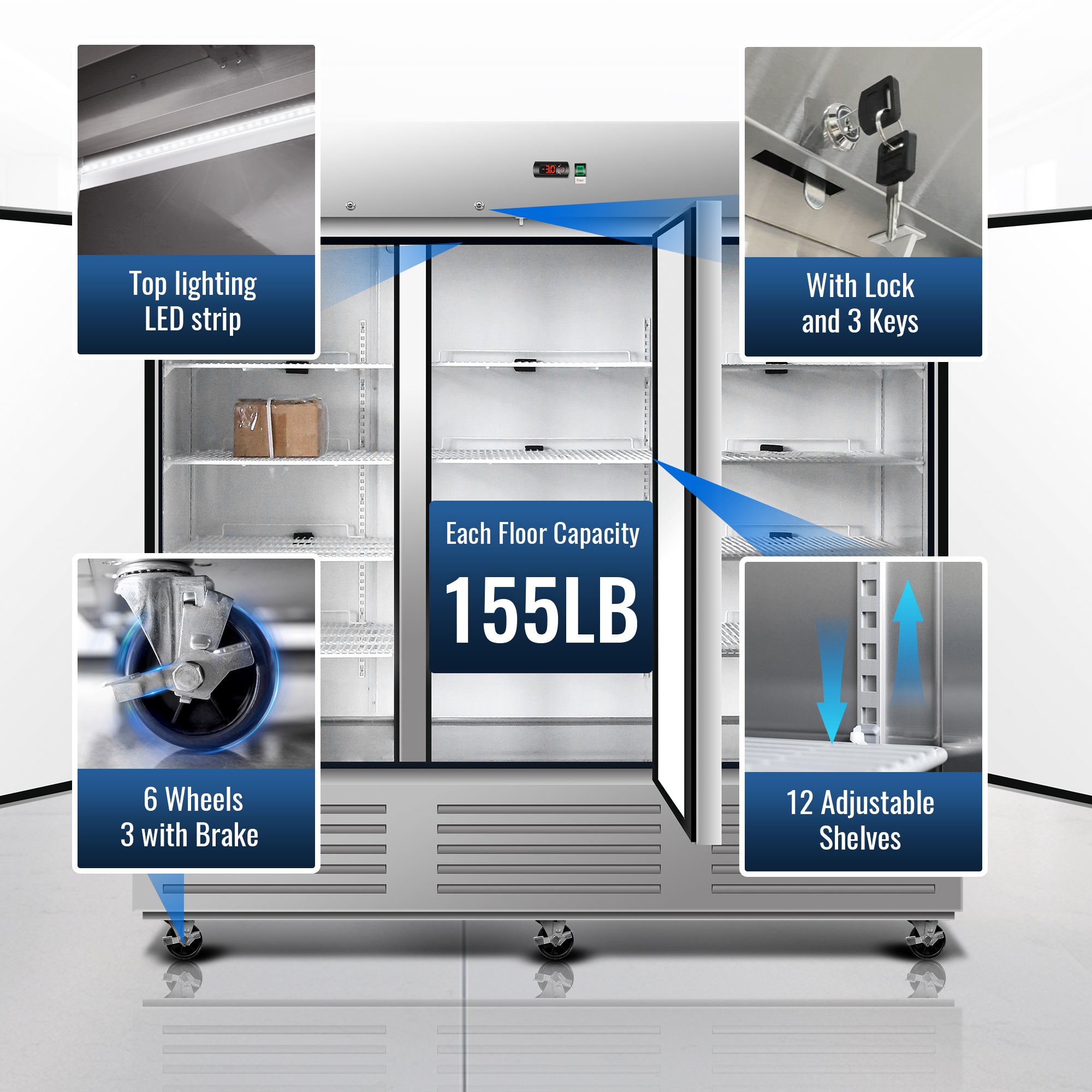 ORIKOOL 81" Commercial Reach-In Refrigerator in Stainless Steel, 3 Solid Doors, 67.6 cu.ft.