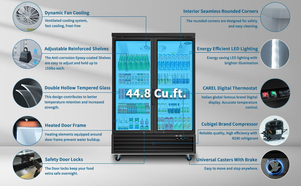 ORIKOOL 54" Commercial Display Merchandiser Refrigerator, 2 Swing Glass Doors, 44.8 cu.ft. with LED Lighting