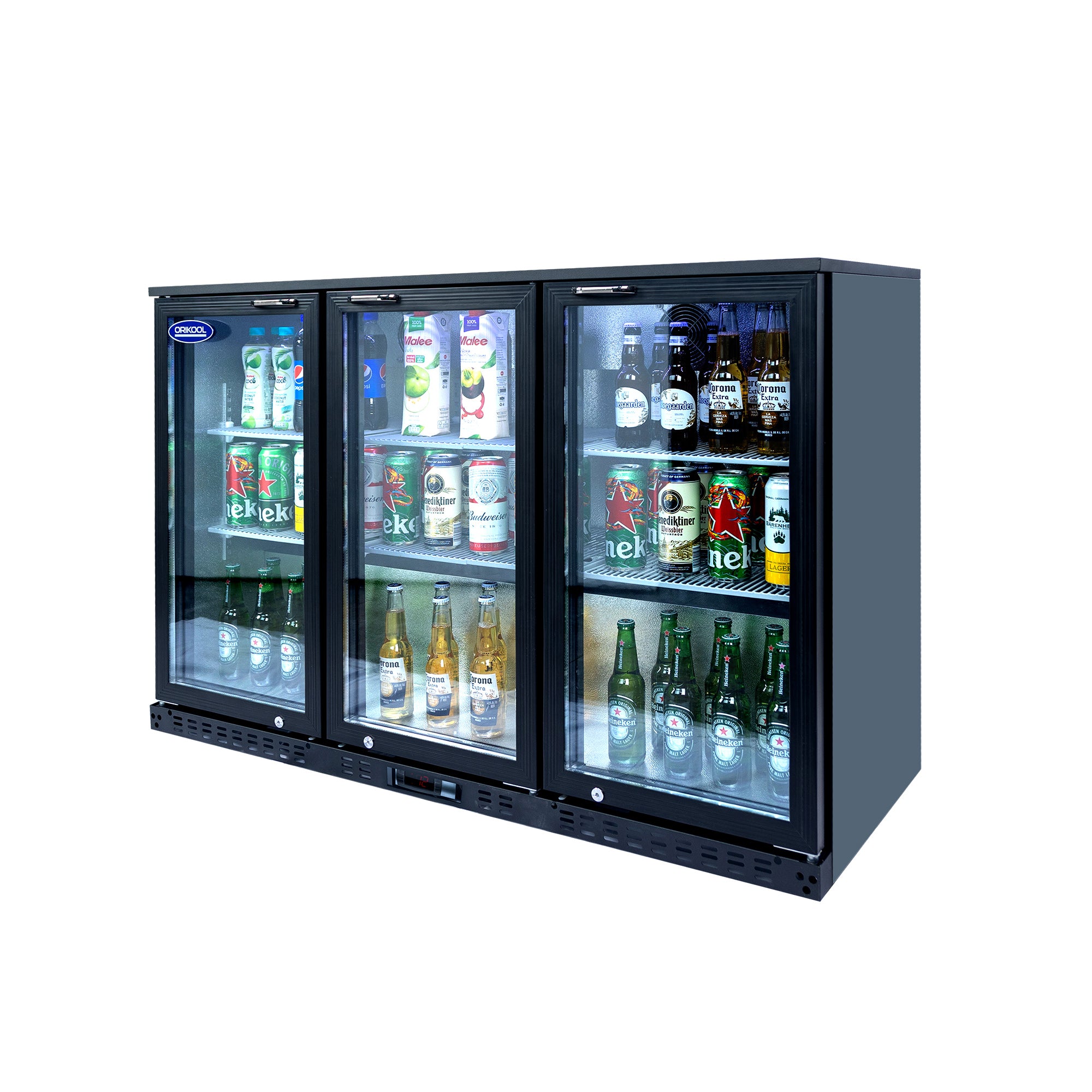 Refrigerador de bebidas ORIKOOL de 53'', enfriador de barra trasera con 3 puertas de vidrio batientes, 11.3 pies cúbicos.