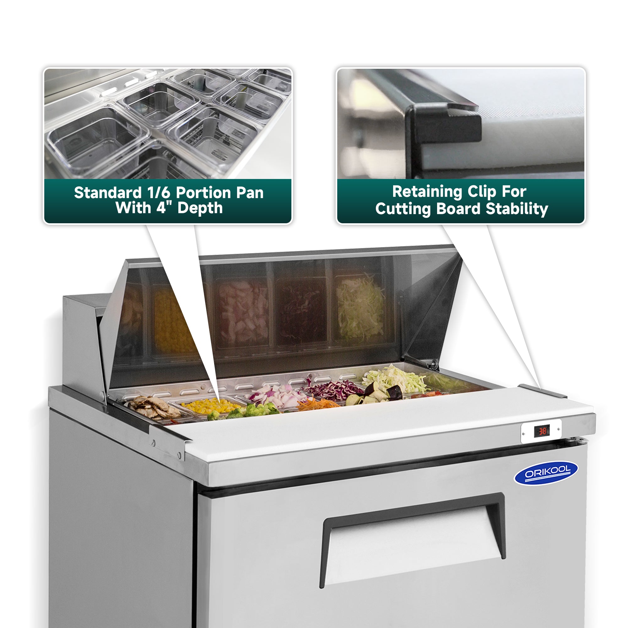 ORIKOOL 29" Salad Sandwich Prep Table Refrigerator, 8 Cu. ft Stainless Steel with 8 Pans, Fan Cooling, ETL NSF DOE Approved