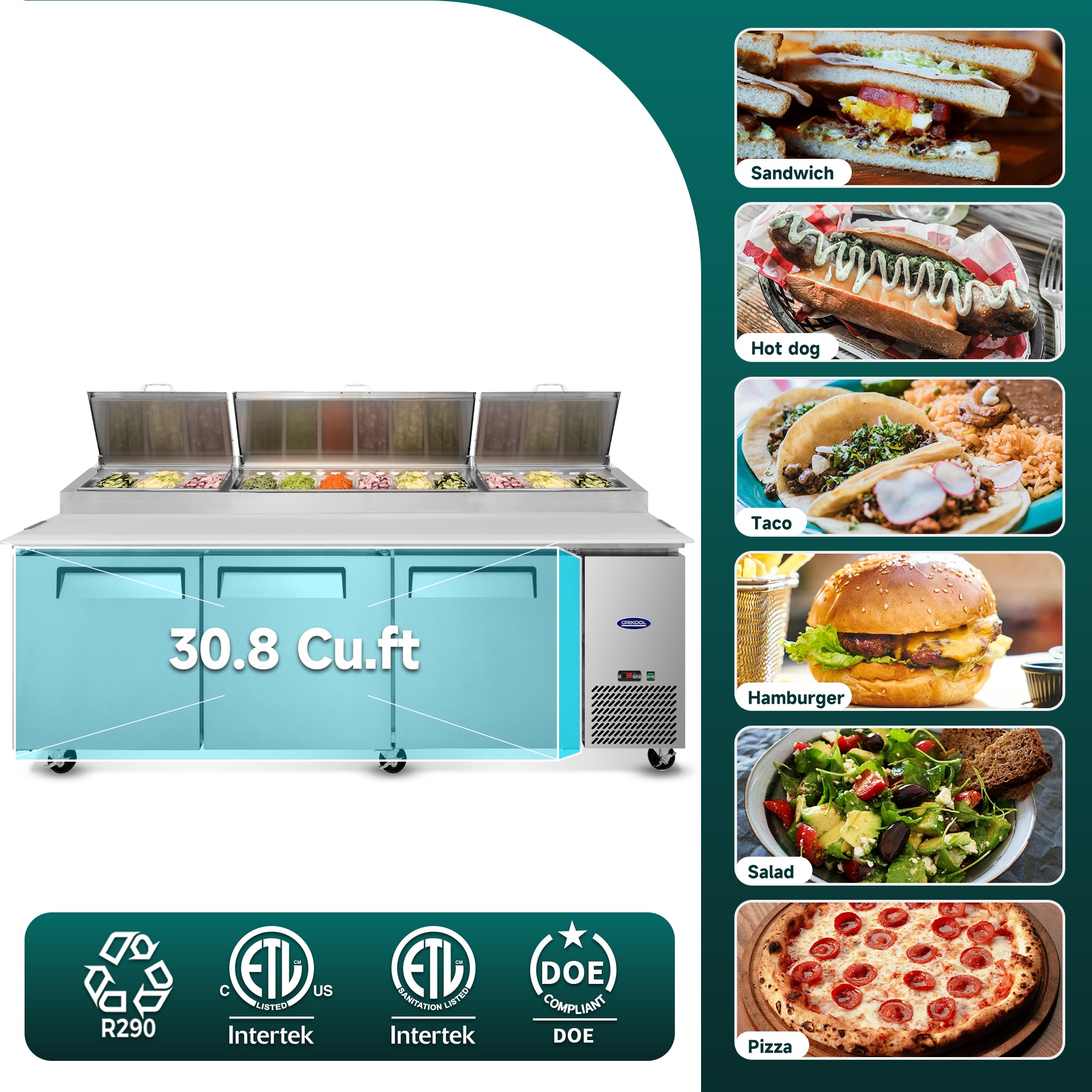 ORIKOOL 93'' Commercial Pizza Prep Table Refrigerator 3 doors - 12 pan