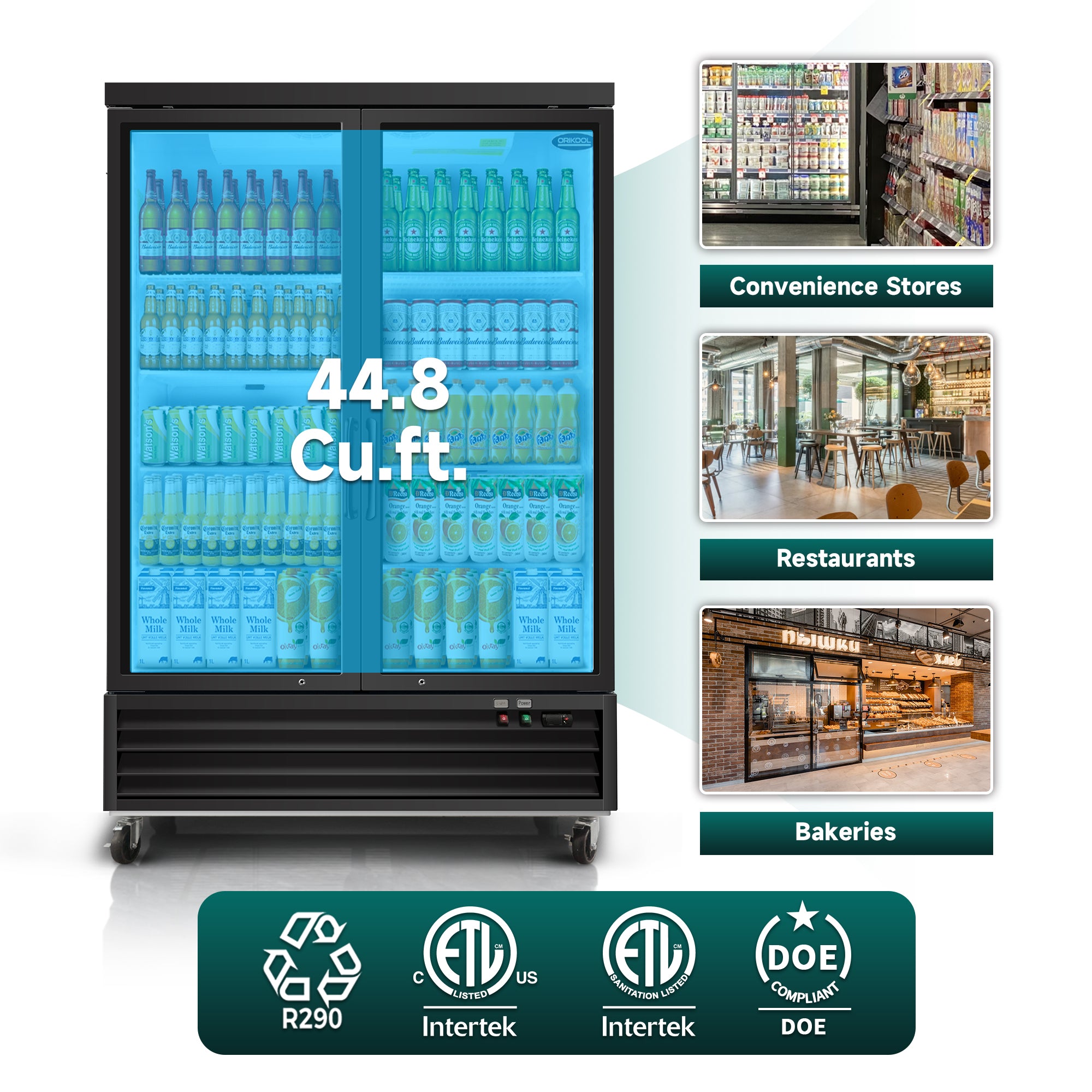 ORIKOOL 54" Commercial Display Merchandiser Refrigerator, 2 Swing Glass Doors, 44.8 cu.ft. with LED Lighting