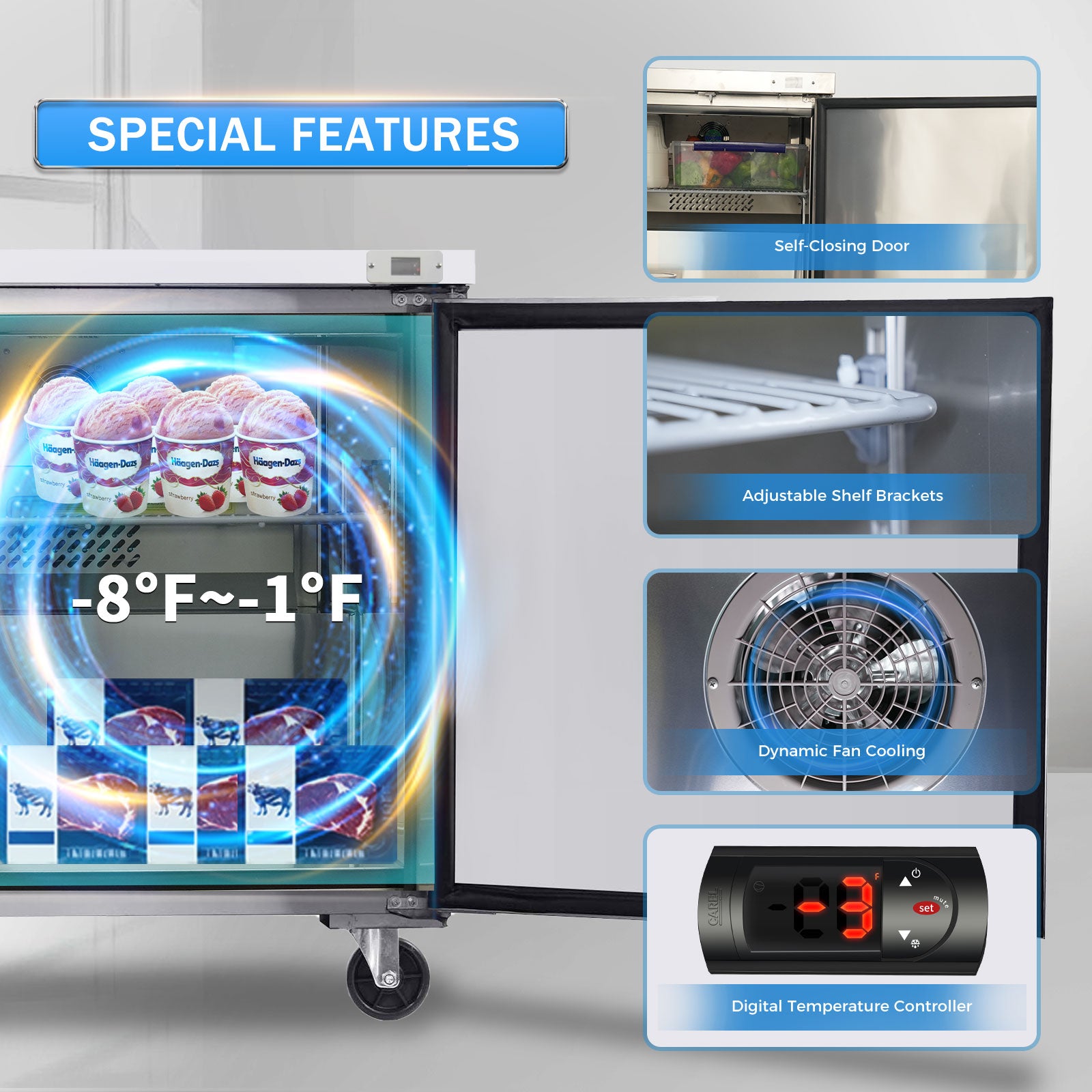 ORIKOOL 60'' 2-Door 18.5 cu. ft. Stainless Steel Undercounter & Work Top Freezer TUC60F