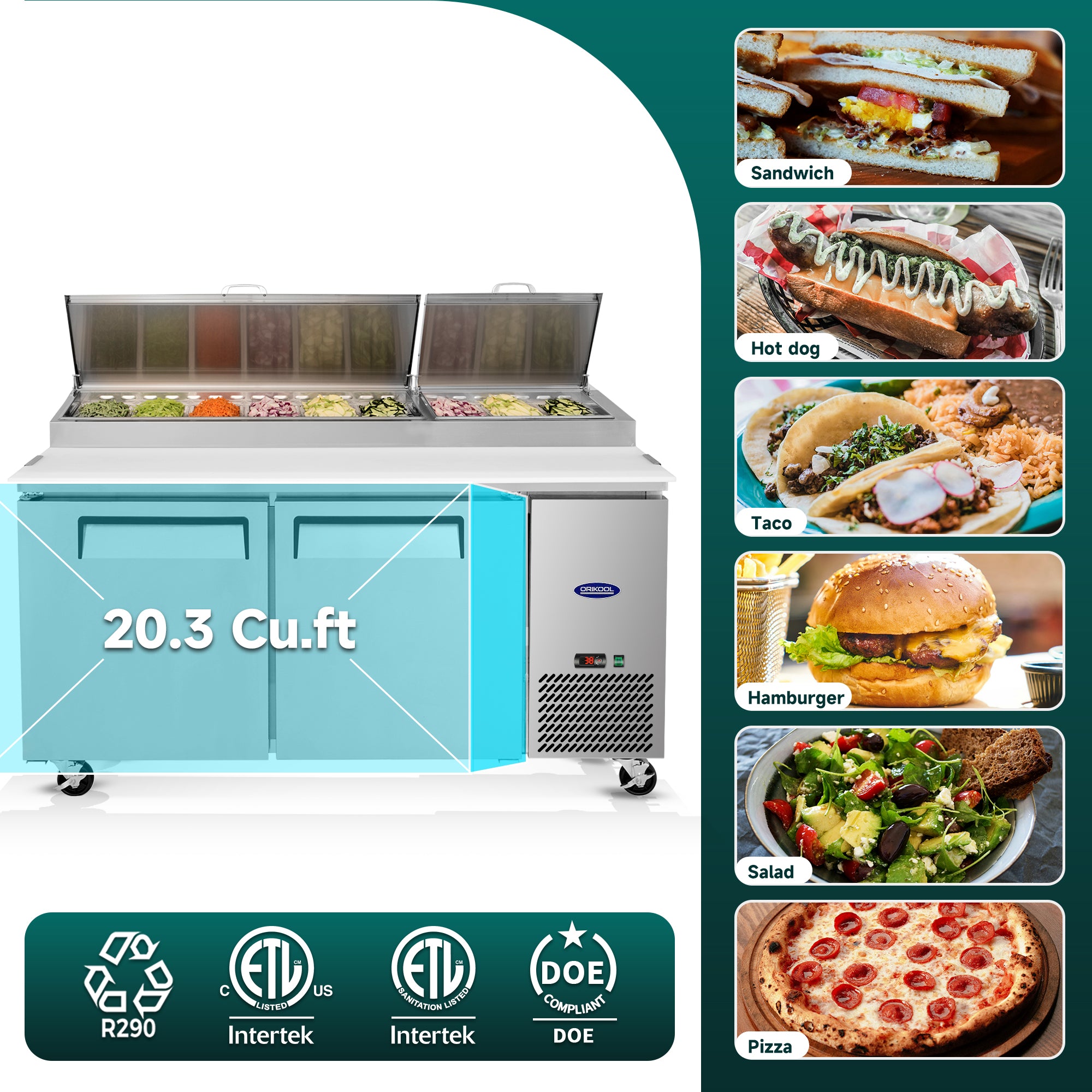 料理台 ORIKOOL 67'' Commercial Pizza Prep Table Station 2 doors - 9 pans - 20