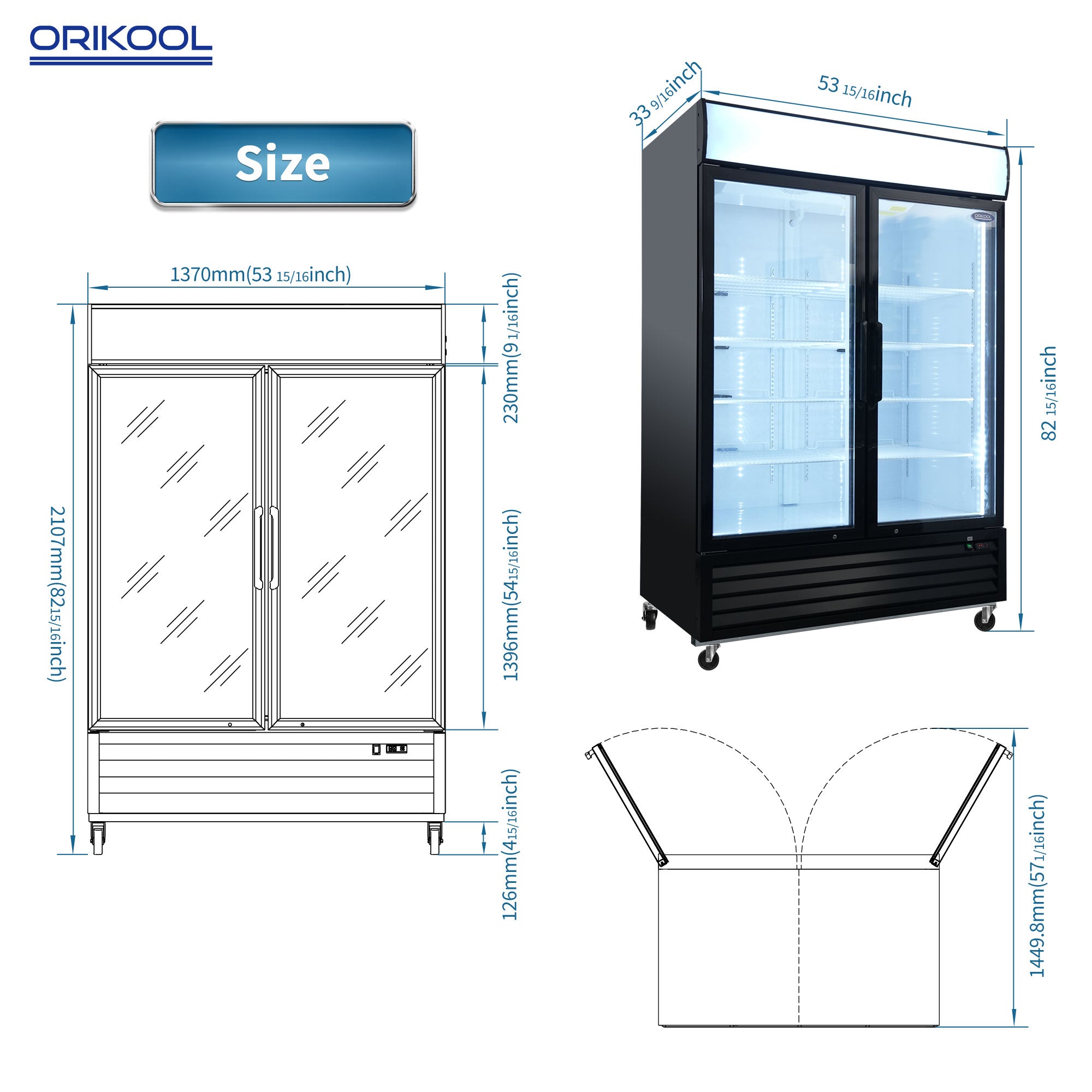 ORIKOOL 54" Commercial Display Merchandiser Freezer, 2 Swing Glass Doors, 44.7 cu.ft. with LED Lighting and Top Panel