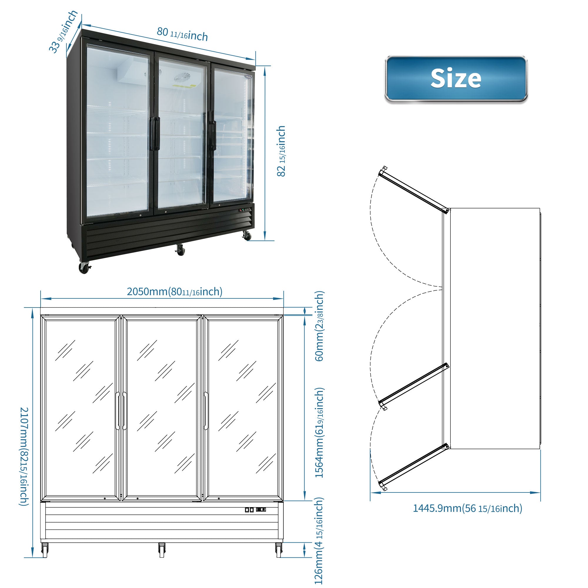 ORIKOOL 81" Commercial Display Merchandiser Freezer, 3 Swing Glass Doors, 70 cu.ft. with LED Lighting