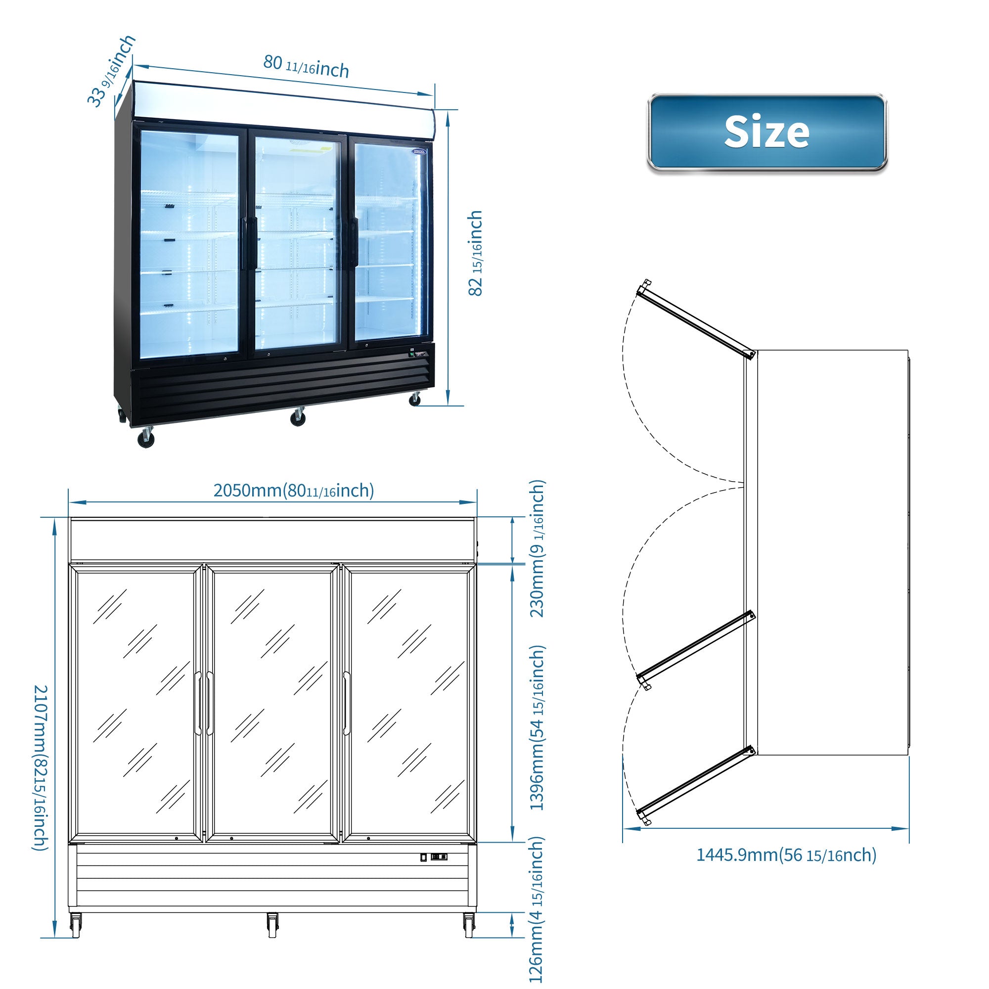 ORIKOOL 81" Commercial Display Merchandiser Freezer, 3 Swing Glass Doors, 70 cu.ft. with LED Lighting and Top Panel