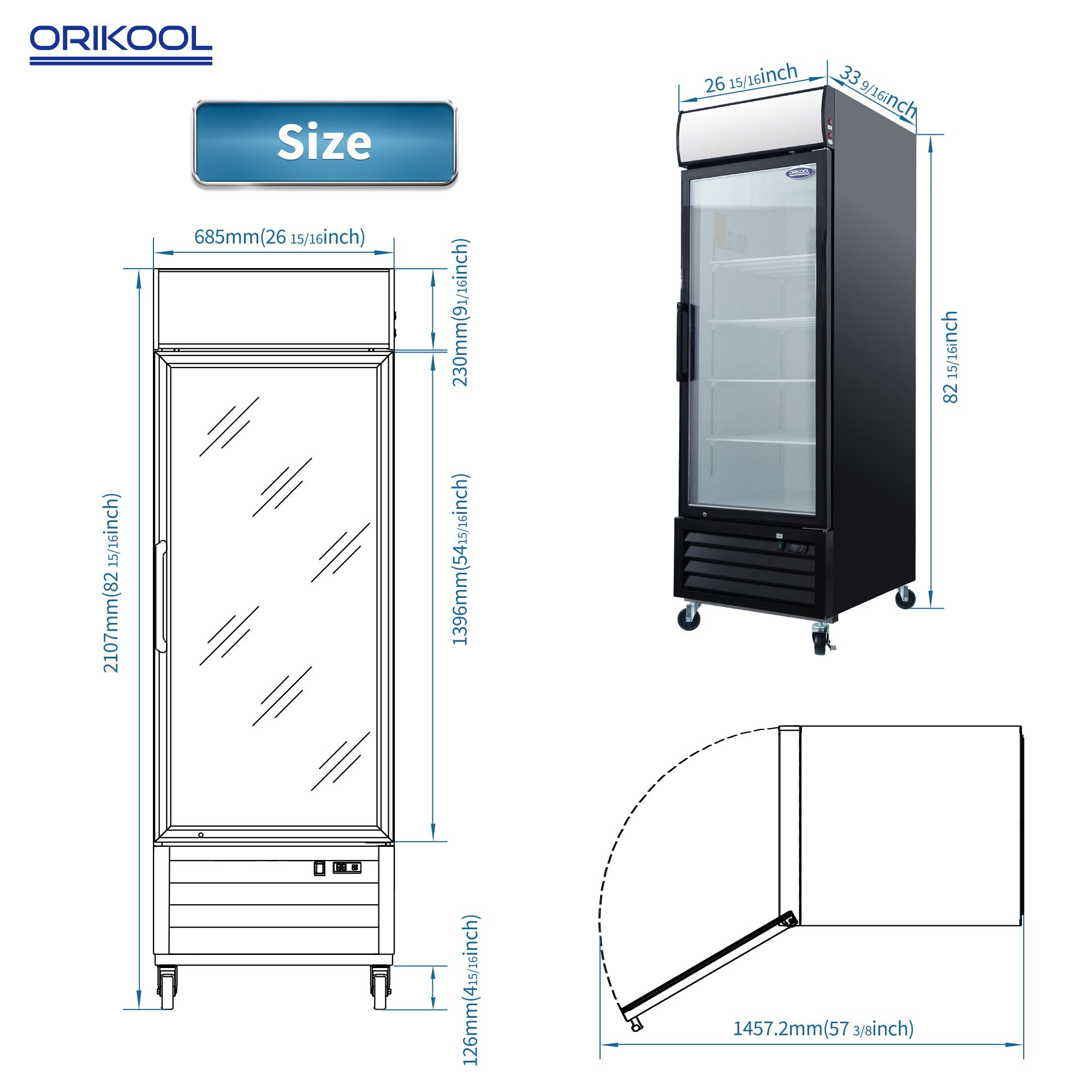 ORIKOOL 27" Commercial Display Merchandiser Refrigerator, 1 Swing Glass Door, 19.2 cu.ft. with LED Lighting and Top Panel