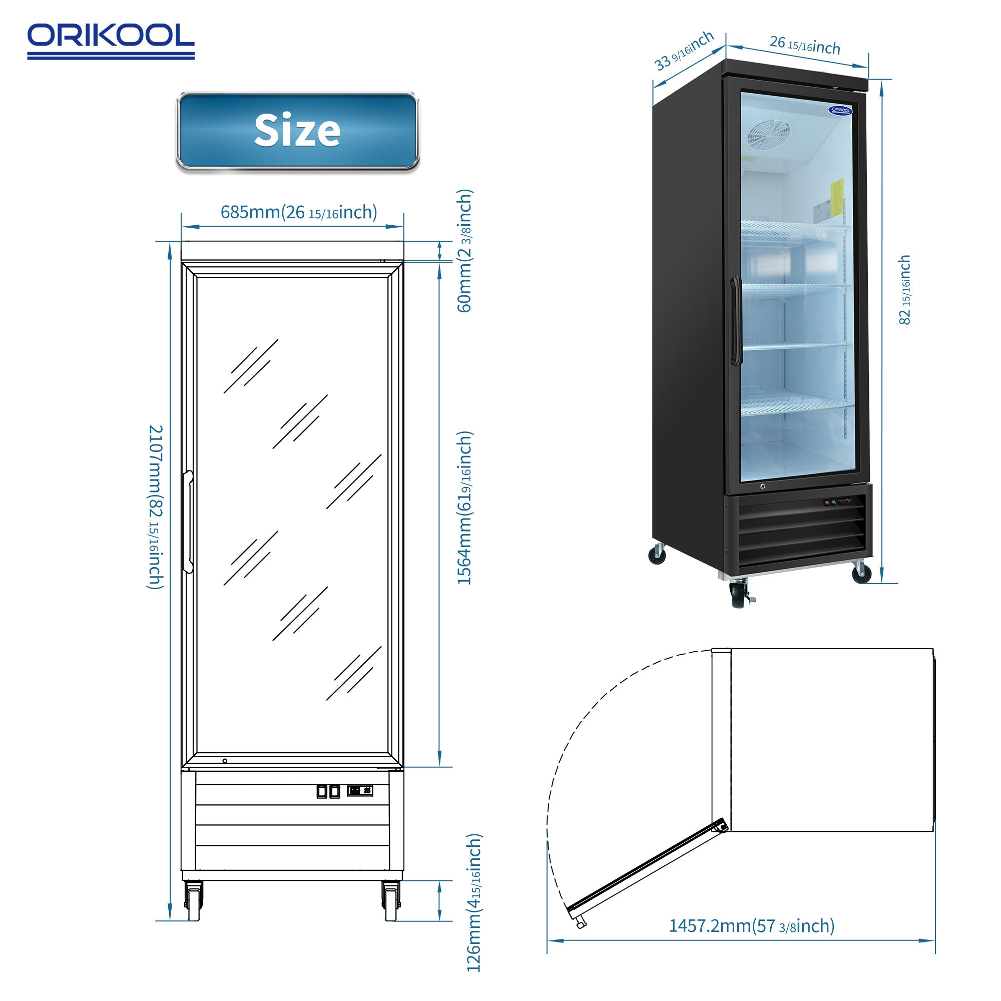 ORIKOOL 27" Commercial Display Merchandiser Freezer, 1 Swing Glass Door, 19.2 cu.ft. with LED Lighting