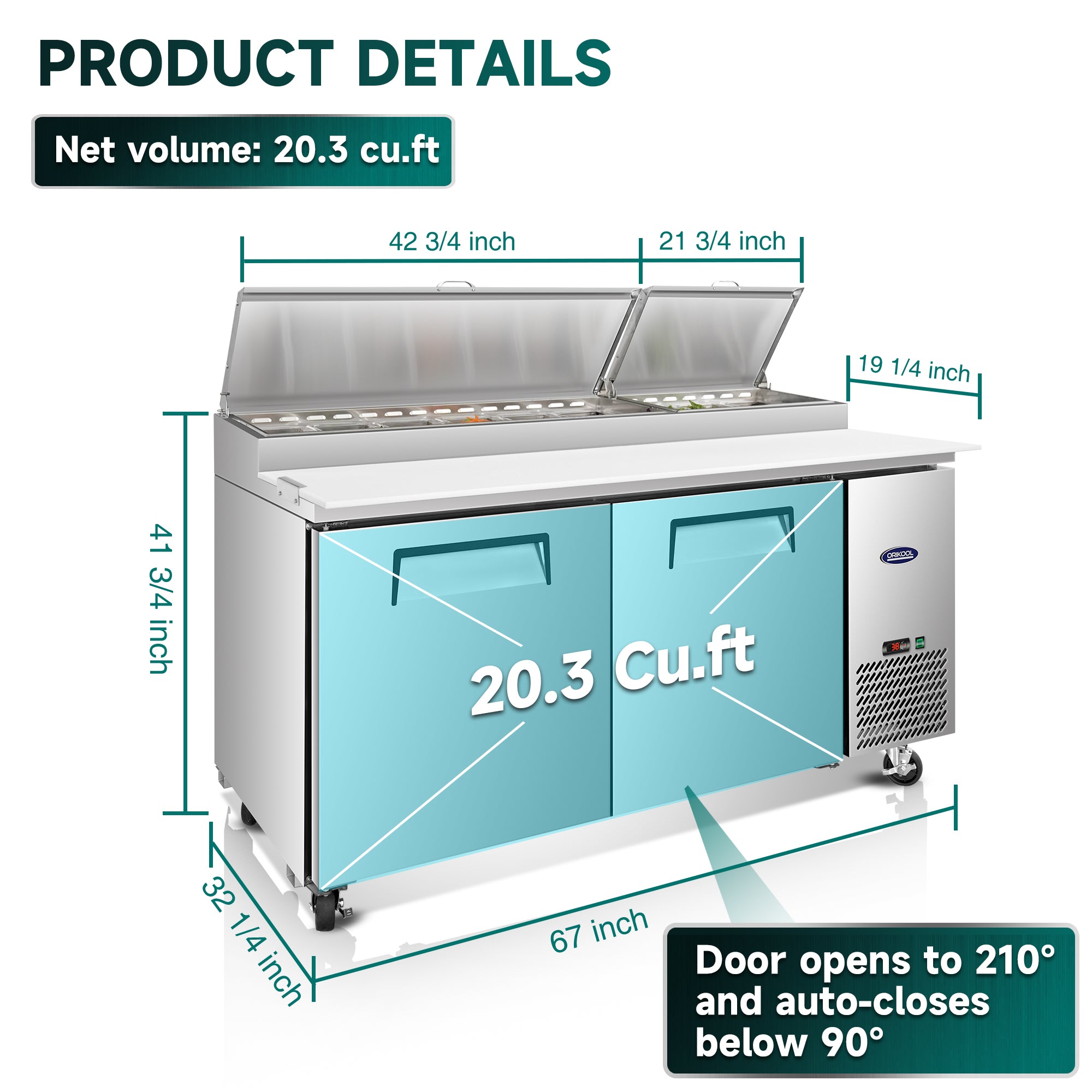 ORIKOOL 67'' Commercial Pizza Prep Table Refrigerator 2 doors - 9 pans - 20.3 cu/ft