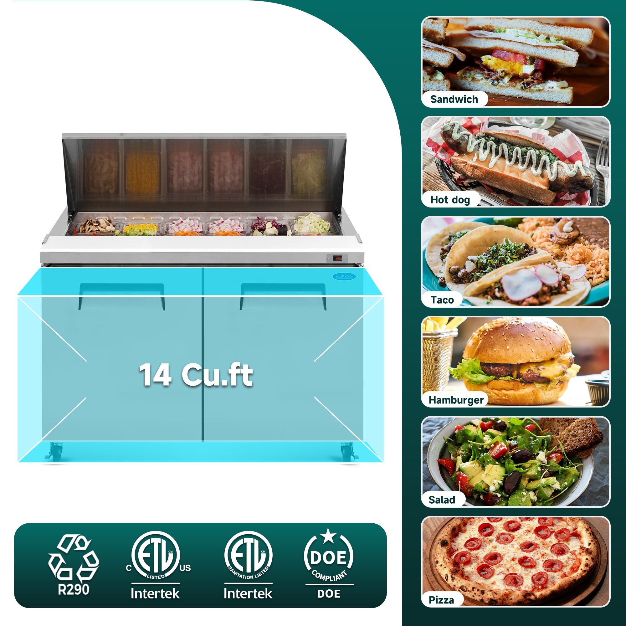 ORIKOOL 48" Salad Sandwich Prep Table Refrigerator, 14 Cu. ft Stainless Steel with 12 Pans, Fan Cooling, ETL NSF DOE Approved