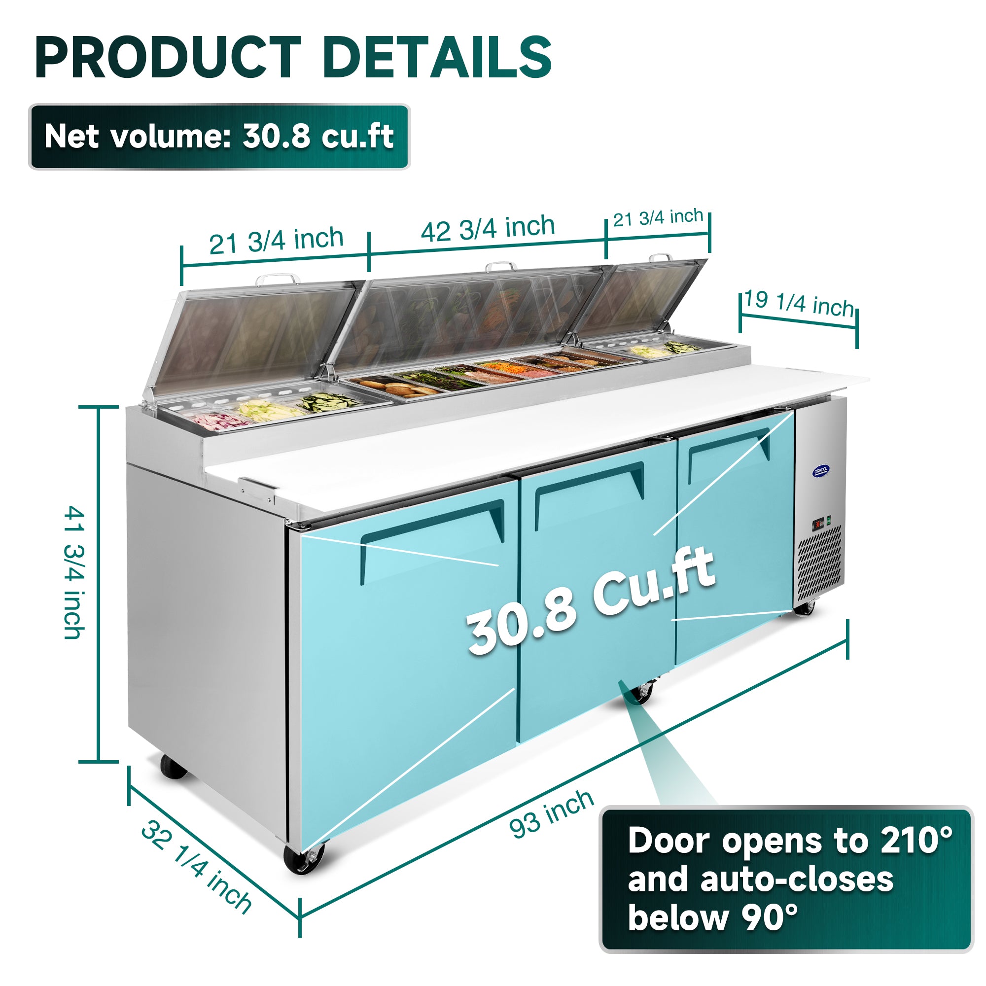 ORIKOOL 93'' Commercial Pizza Prep Table Refrigerator 3 doors - 12 pan