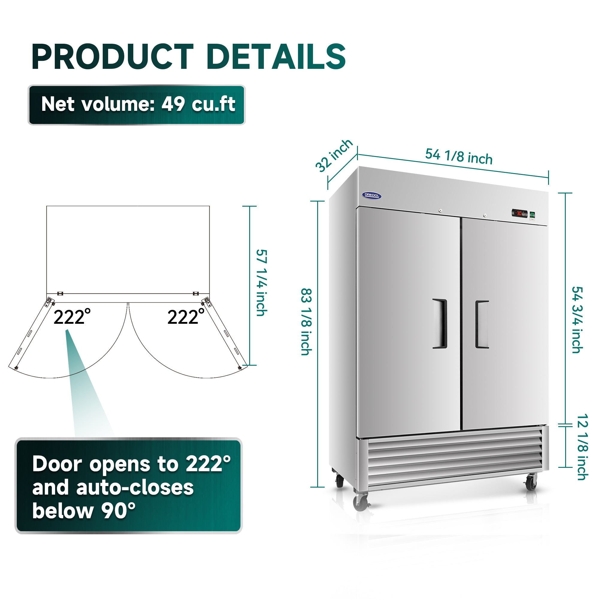 ORIKOOL 54" Commercial Reach-In Freezer in Stainless Steel, 2 Solid Doors, 49 cu.ft.