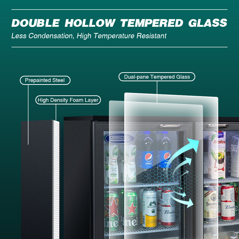 Refrigerador de bebidas ORIKOOL de 53'', enfriador de barra trasera con 3 puertas de vidrio batientes, 11.3 pies cúbicos.