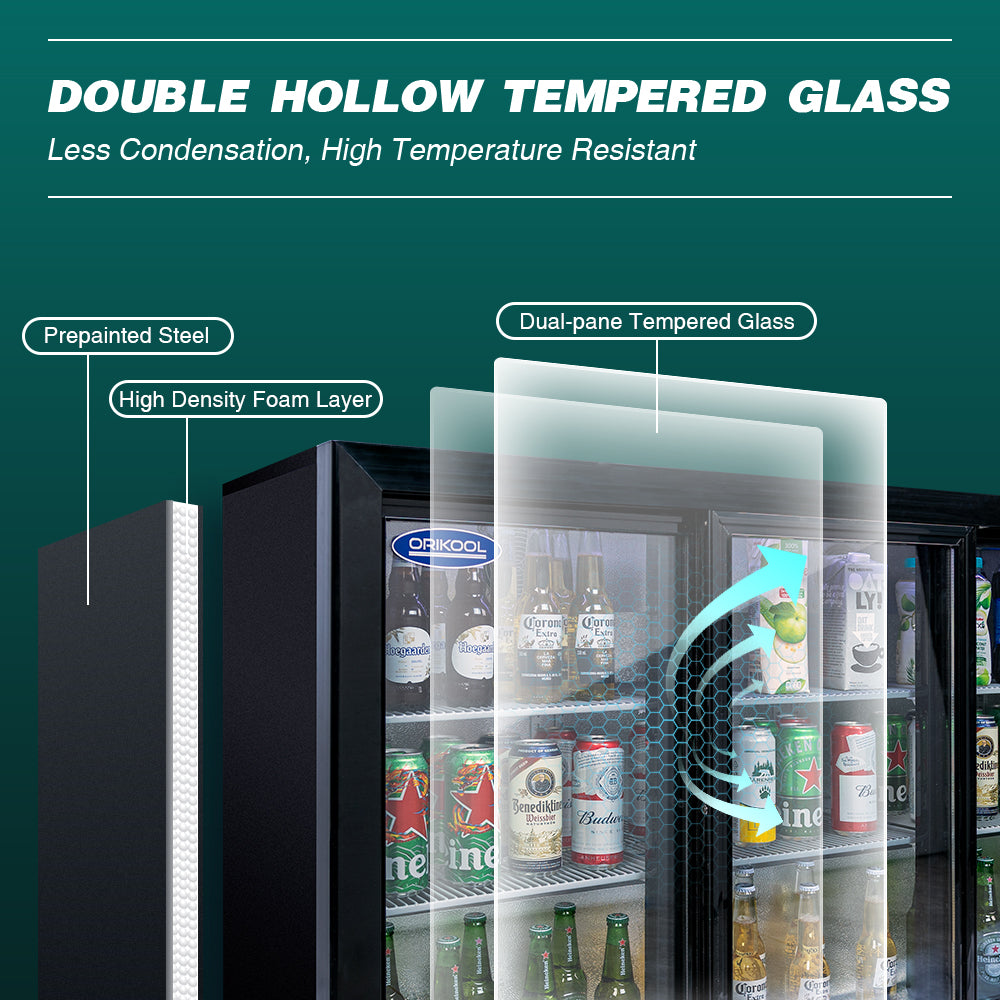 Refrigerador de bebidas ORIKOOL de 53'', enfriador de barra trasera con 3 puertas corredizas de vidrio, 11.3 pies cúbicos.