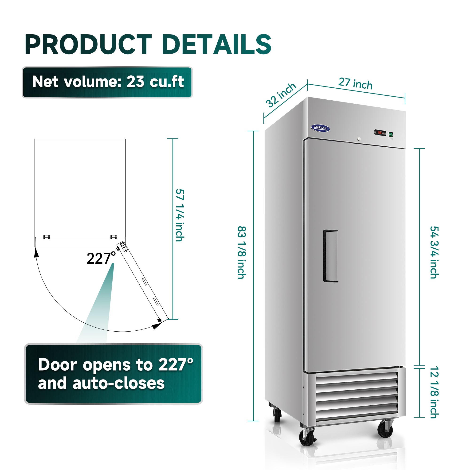 ORIKOOL 27" Commercial Reach-In Refrigerator in Stainless Steel, 1 Solid Door, 23 cu.ft.