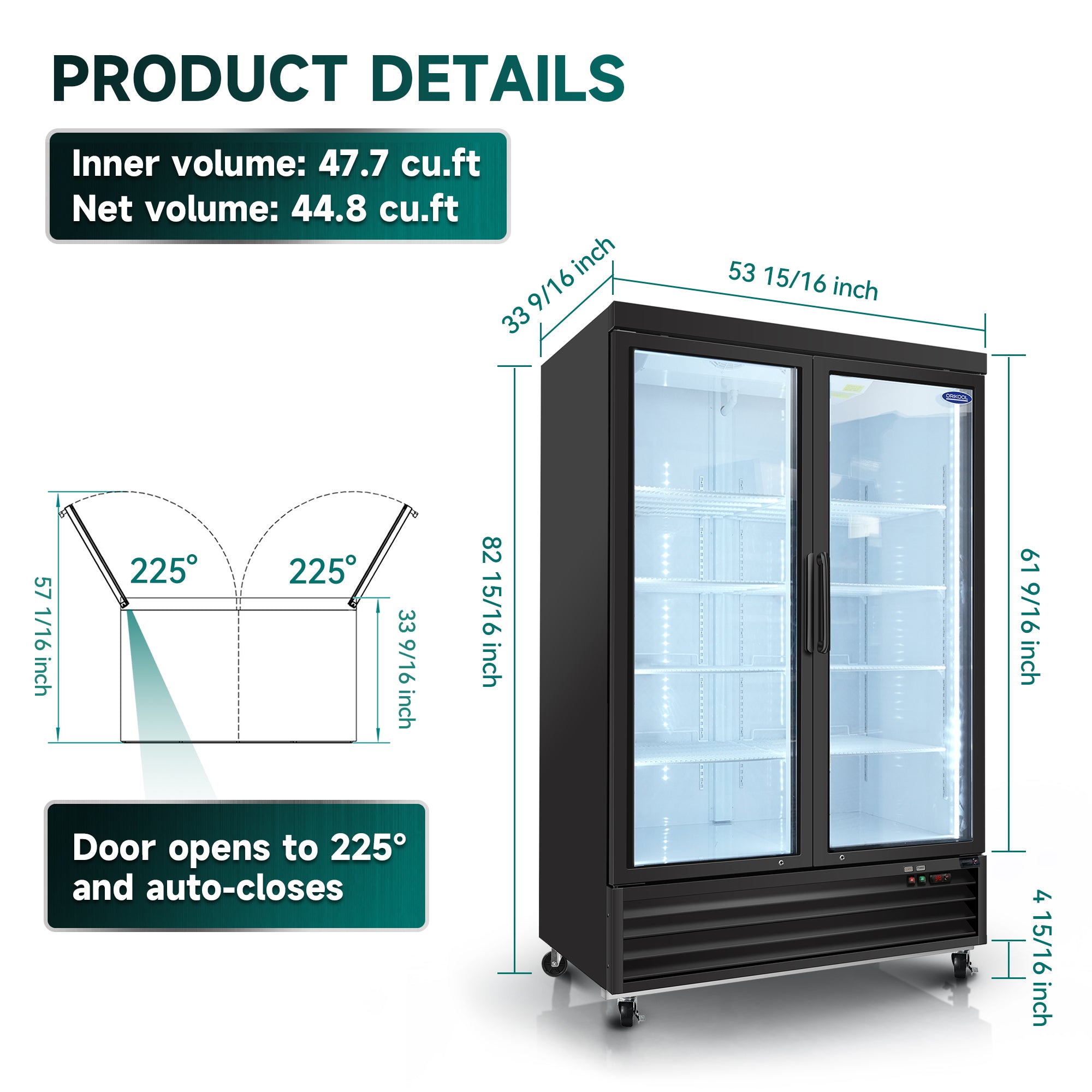 ORIKOOL 54" Commercial Display Merchandiser Refrigerator, 2 Swing Glass Doors, 44.8 cu.ft. with LED Lighting