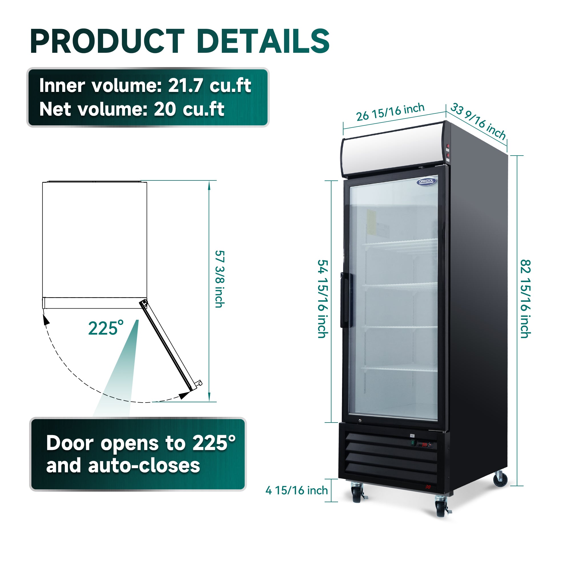 ORIKOOL 27" Commercial Display Merchandiser Refrigerator, 1 Swing Glass Door, 20 cu.ft. with LED Lighting and Top Panel