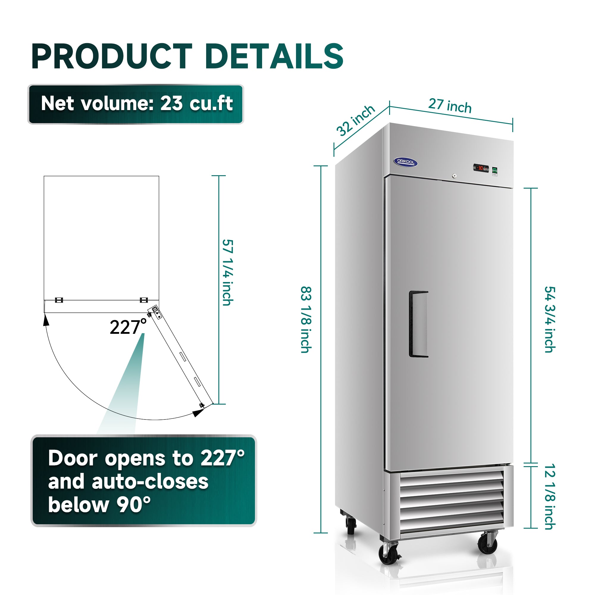 ORIKOOL 27" Commercial Reach-In Freezer in Stainless Steel, 1 Solid Door, 23 cu.ft.