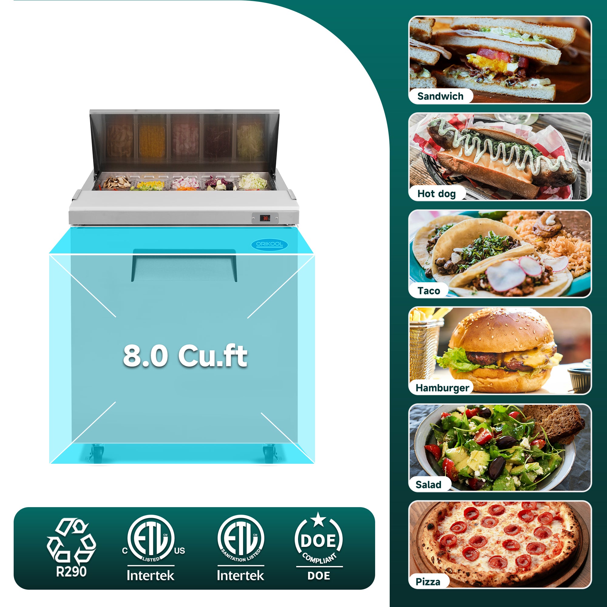 ORIKOOL 29" Salad Sandwich Prep Table Refrigerator, 8 Cu. ft Stainless Steel with 8 Pans, Fan Cooling, ETL NSF DOE Approved