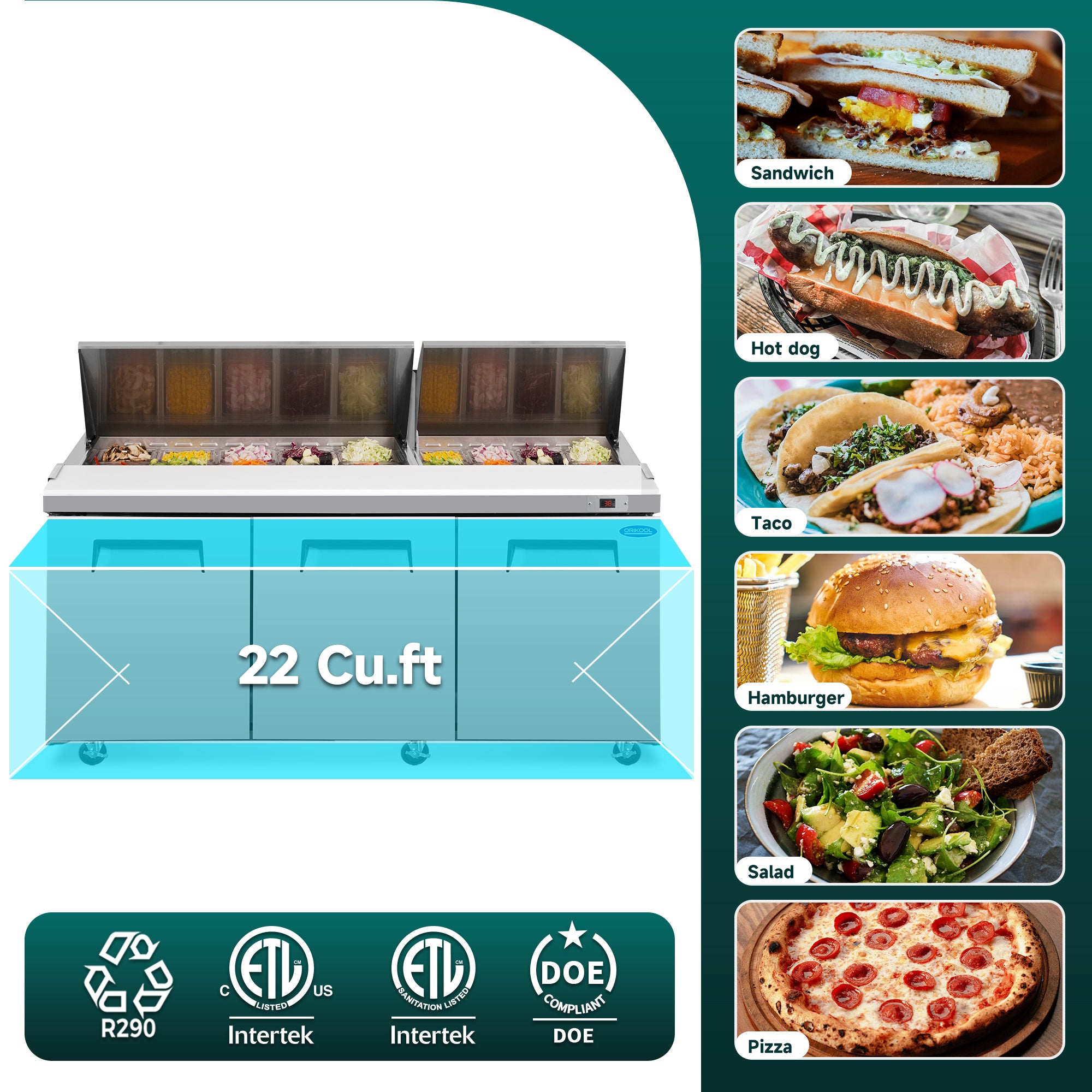 ORIKOOL 72" Salad Sandwich Prep Table Refrigerator, 22 Cu. ft Stainless Steel with 18 Pans, Fan Cooling, ETL NSF DOE Approved