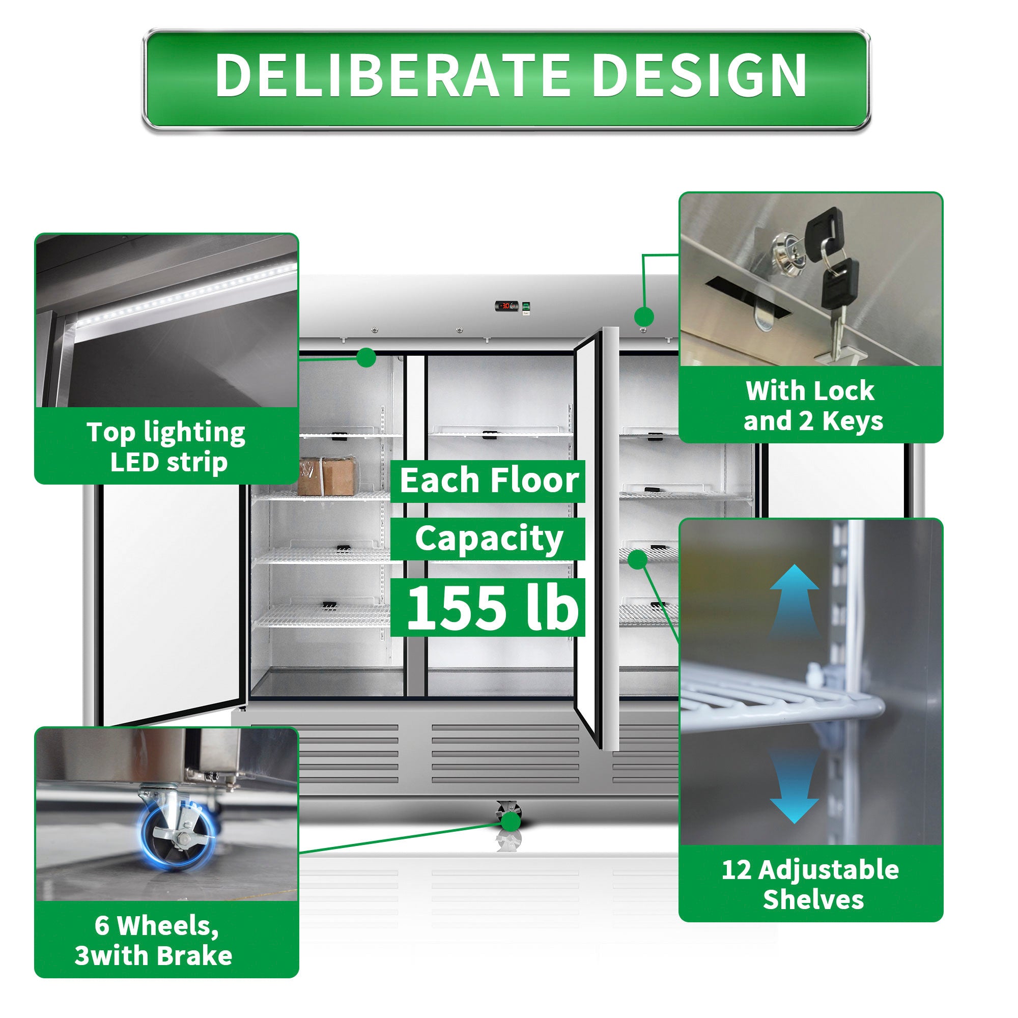 Orikool 81"W Commercial Reach-in Upright Freezer - Low Noise & Energy Saving, Stainless Steel Freezer, 12 Adjustable Shelves, LED Lighting, 72 Cu.ft, Automatic defrost, Digital Temperature Control