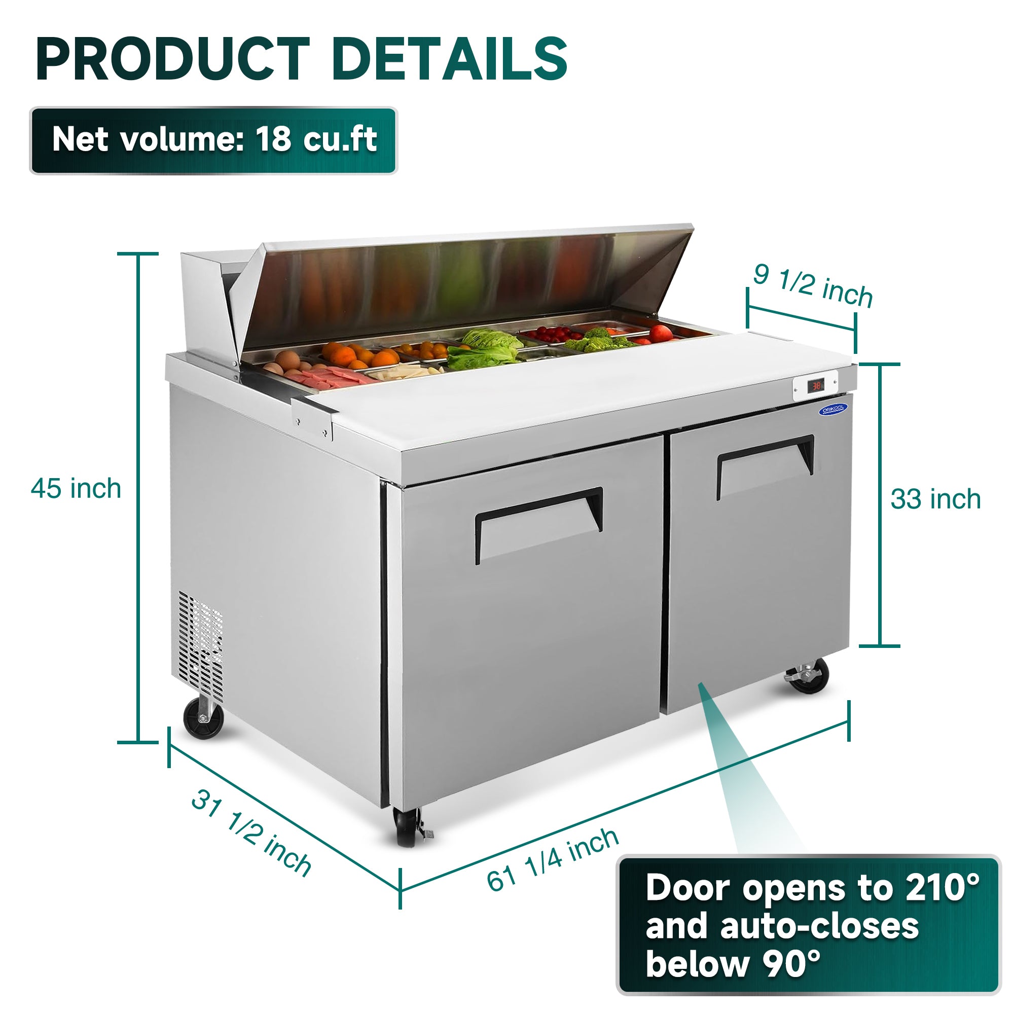 ORIKOOL 60" Salad Sandwich Prep Table Refrigerator, 18 Cu. ft Stainless Steel with 16 Pans, Fan Cooling, ETL NSF DOE Approved