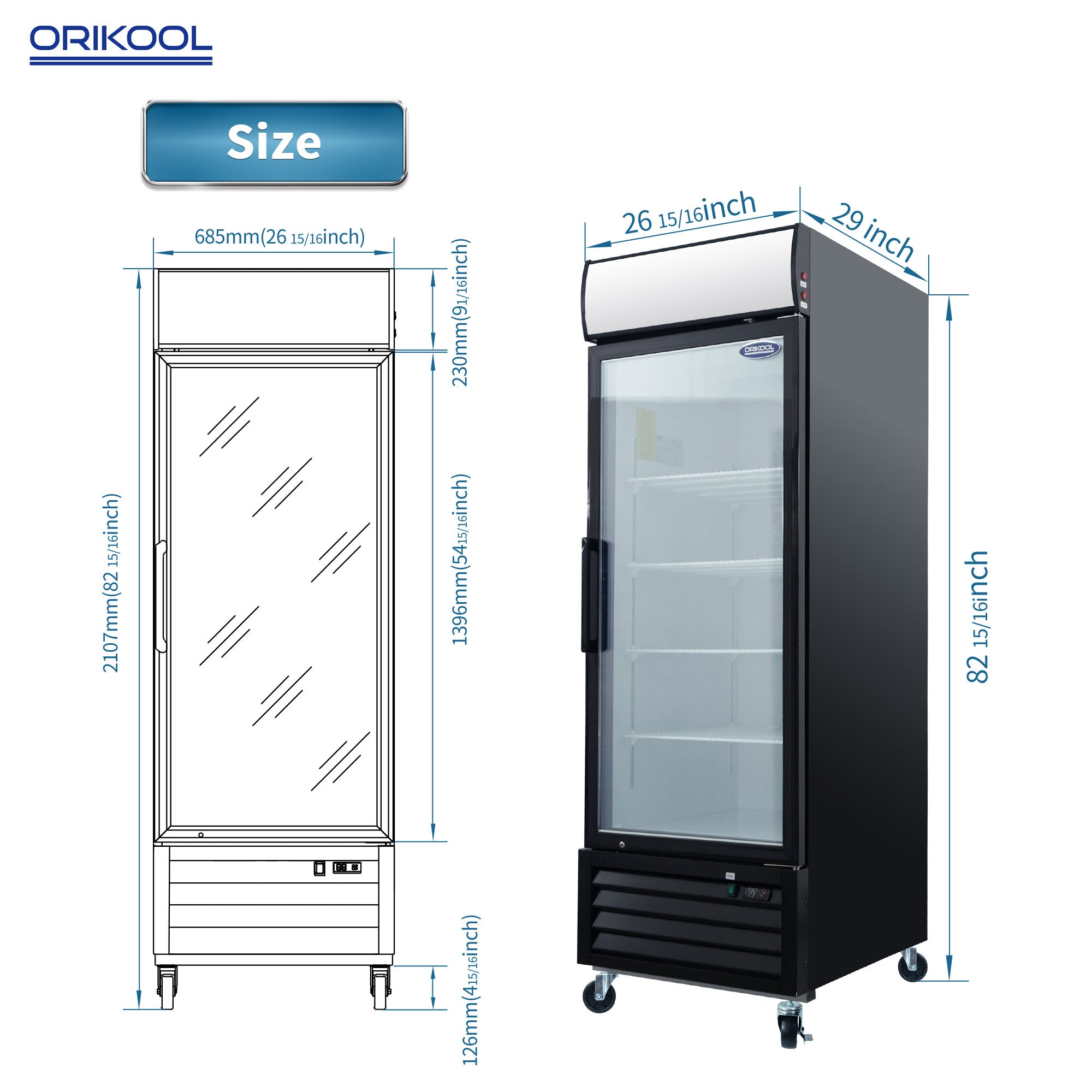 ORIKOOL 16 Cu.Ft Single Door Commercial Upright Display Freezer Merchandiser —Glass Doors With ETL Certified, -8 to -1℉,Auto Defrost, Heated Door Frame, LED Lighting, for Cafes, Restaurants, Stores - Orikool