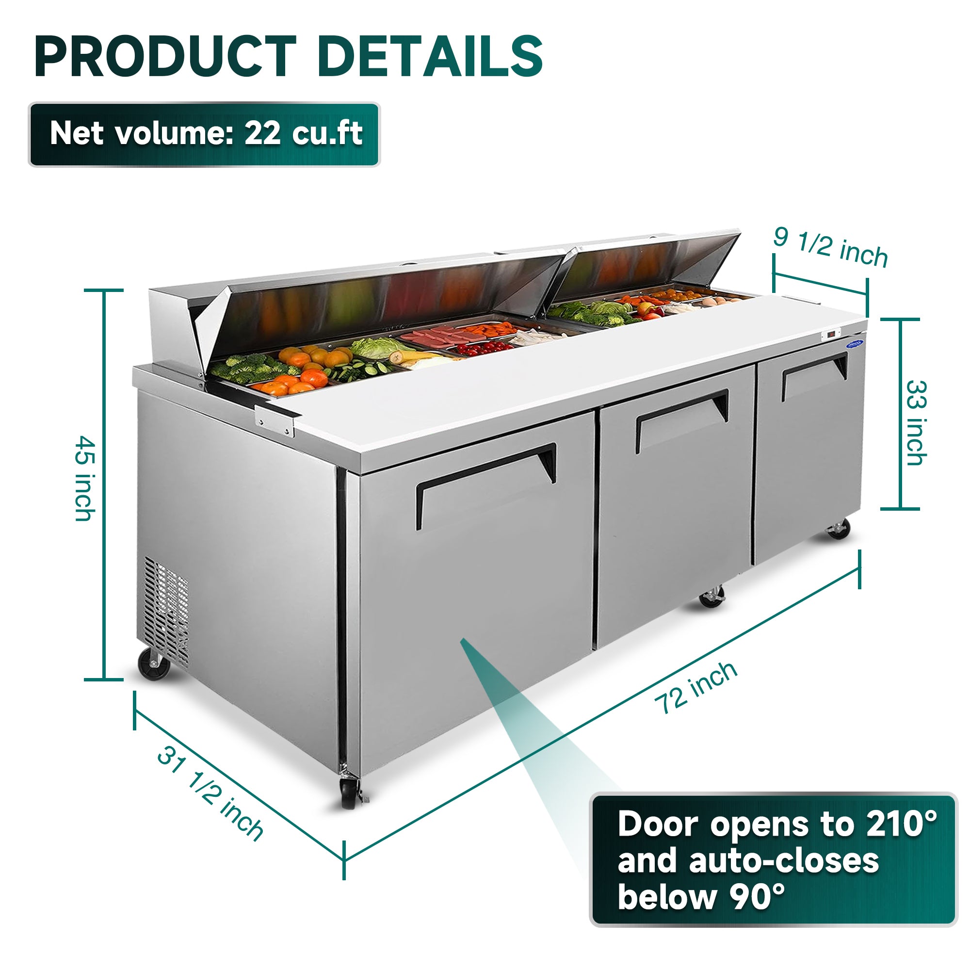 ORIKOOL 72" Salad Sandwich Prep Table Refrigerator, 22 Cu. ft Stainless Steel with 18 Pans, Fan Cooling, ETL NSF DOE Approved