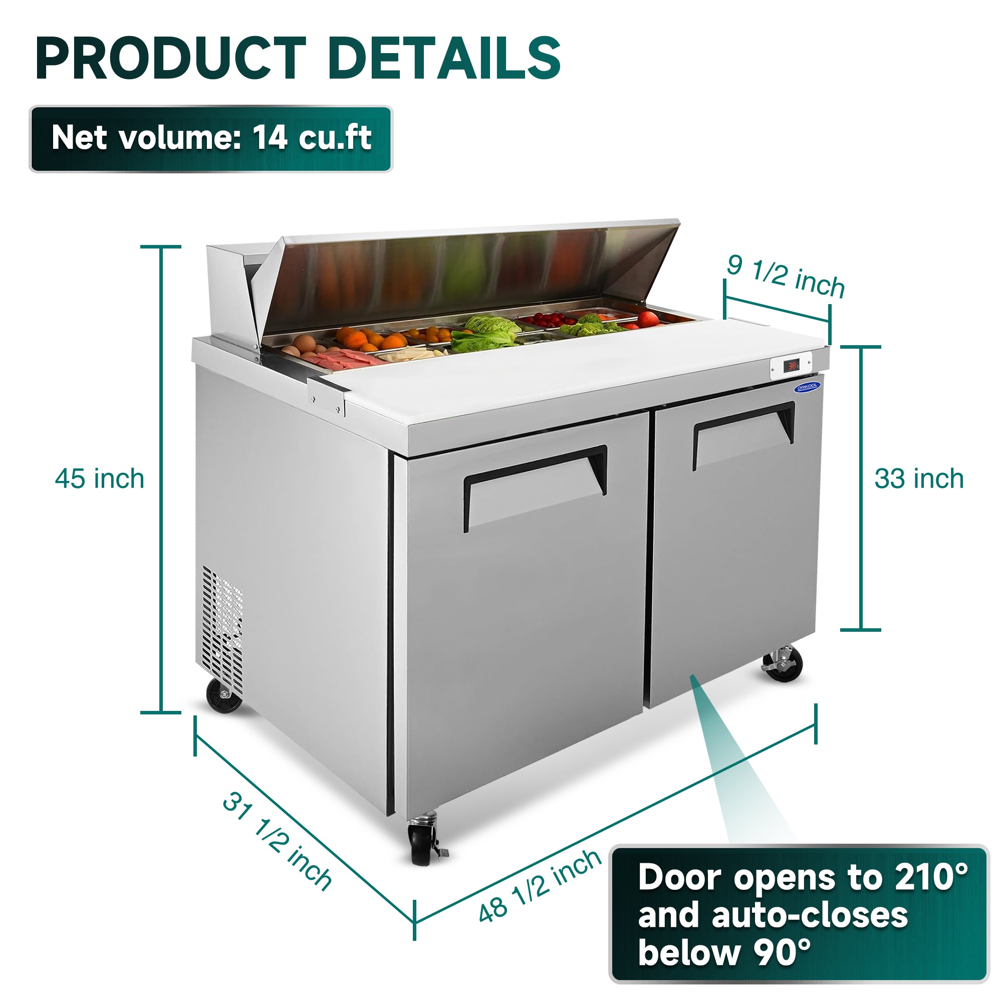 ORIKOOL 48" Salad Sandwich Prep Table Refrigerator, 14 Cu. ft Stainless Steel with 12 Pans, Fan Cooling, ETL NSF DOE Approved