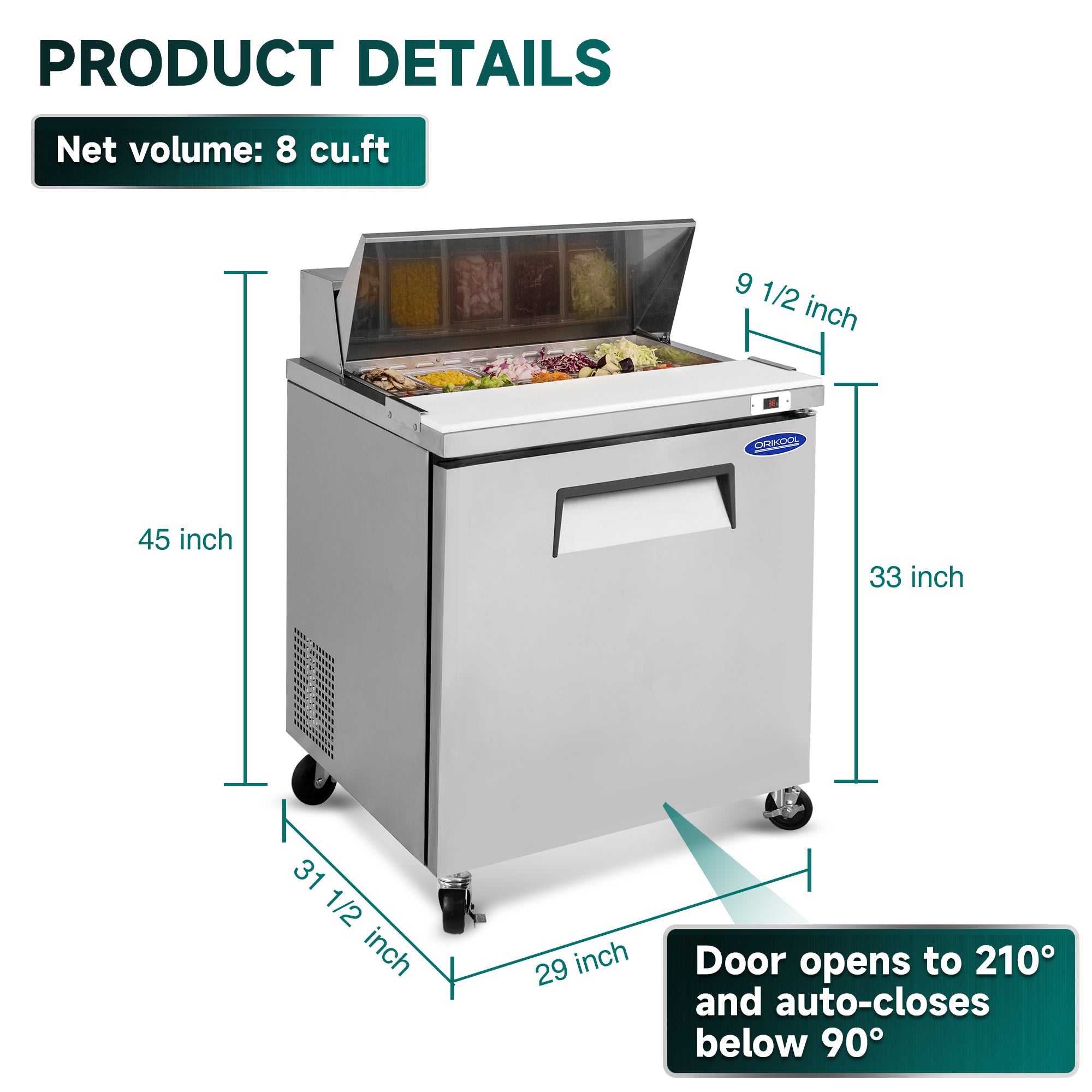 ORIKOOL 29" Salad Sandwich Prep Table Refrigerator, 8 Cu. ft Stainless Steel with 8 Pans, Fan Cooling, ETL NSF DOE Approved