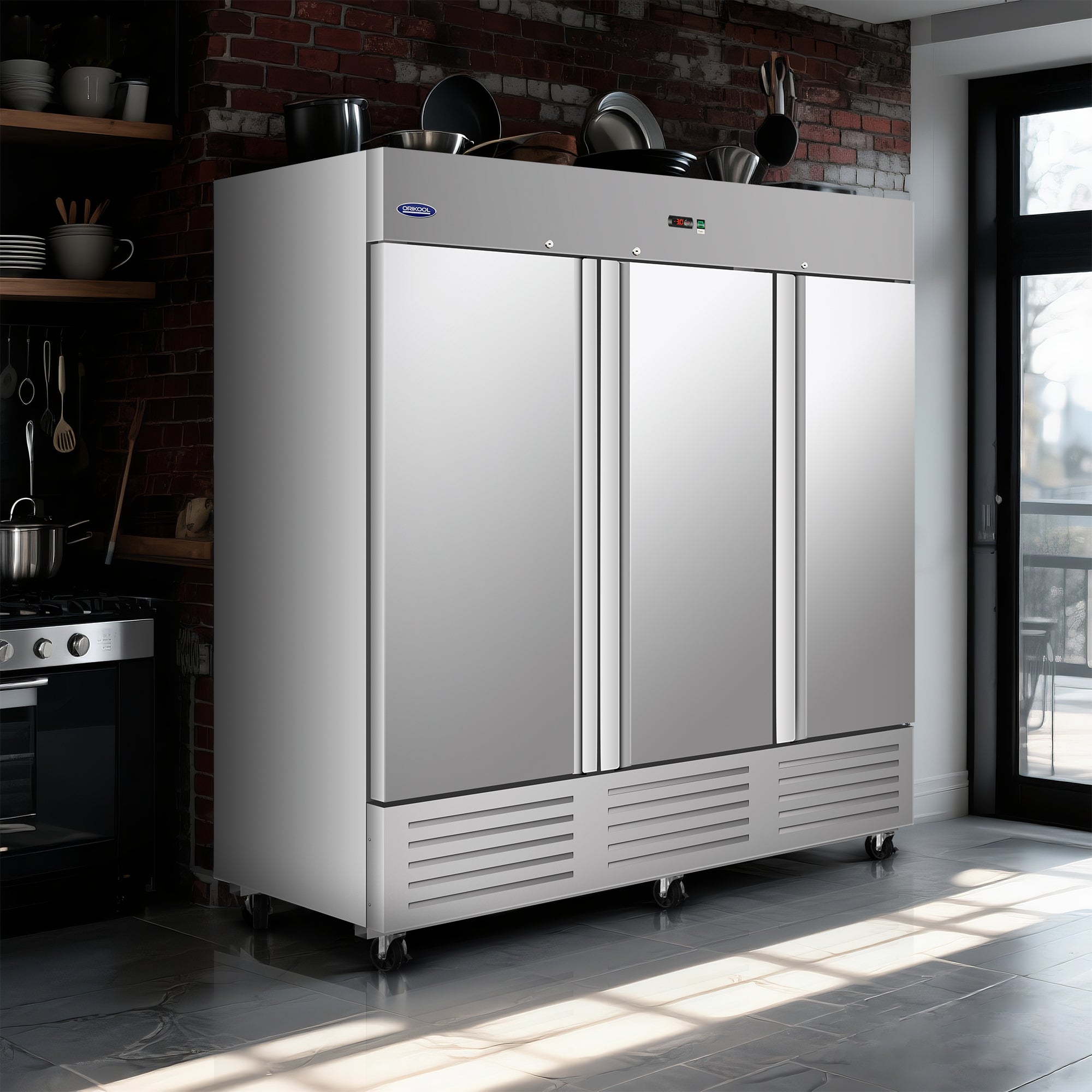 Orikool 81"W Commercial Reach-in Upright Freezer - Low Noise & Energy Saving, Stainless Steel Freezer, 12 Adjustable Shelves, LED Lighting, 72 Cu.ft, Automatic defrost, Digital Temperature Control