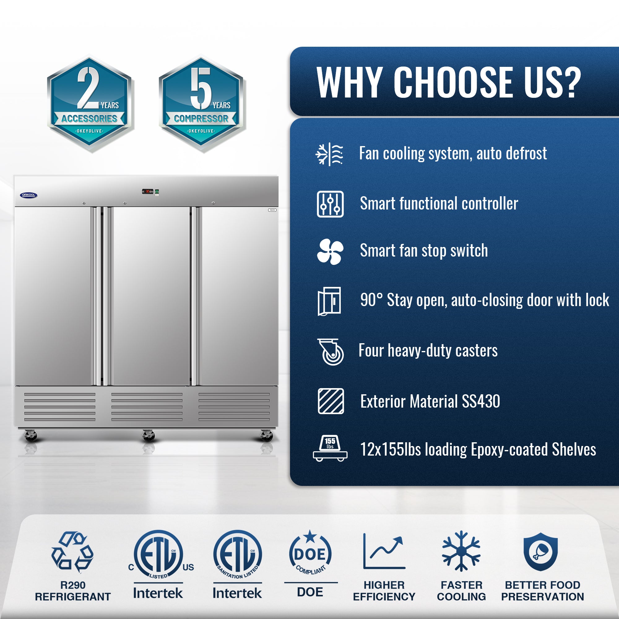 ORIKOOL 81" Commercial Reach-In Refrigerator in Stainless Steel, 3 Solid Doors, 67.6 cu.ft.