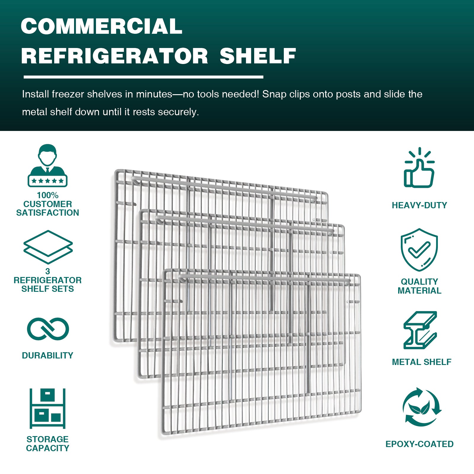 Commercial Freezer and Refrigerator Replacement Shelves for TSSP48, TSSP72 (Middle), Set of 3, Epoxy-Coated Gray Steel Wire Shelves