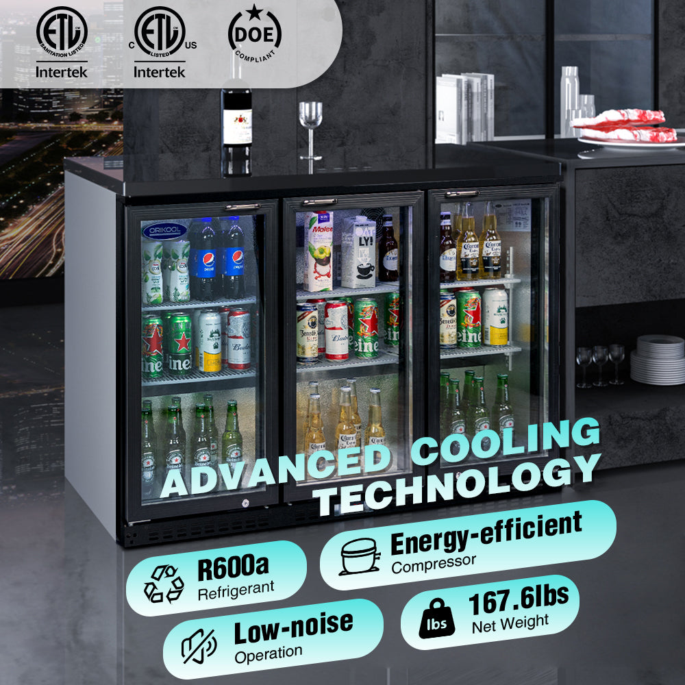 Refrigerador de bebidas ORIKOOL de 53'', enfriador de barra trasera con 3 puertas de vidrio batientes, 11.3 pies cúbicos.