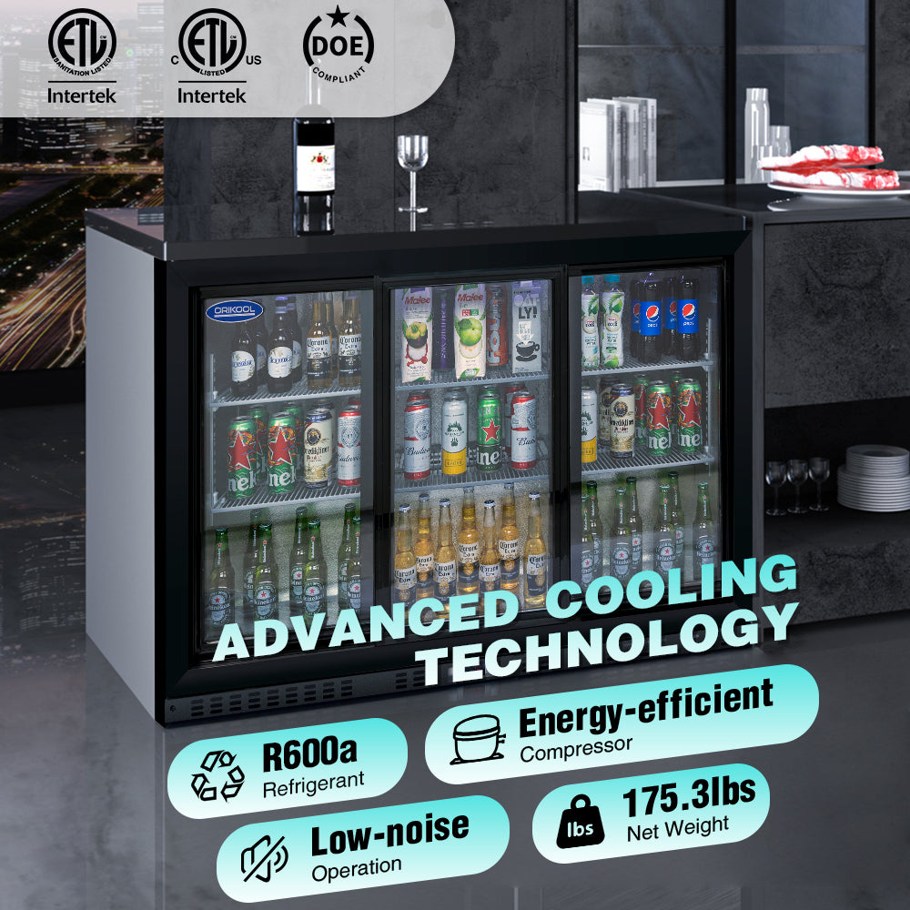 Refrigerador de bebidas ORIKOOL de 53'', enfriador de barra trasera con 3 puertas corredizas de vidrio, 11.3 pies cúbicos.