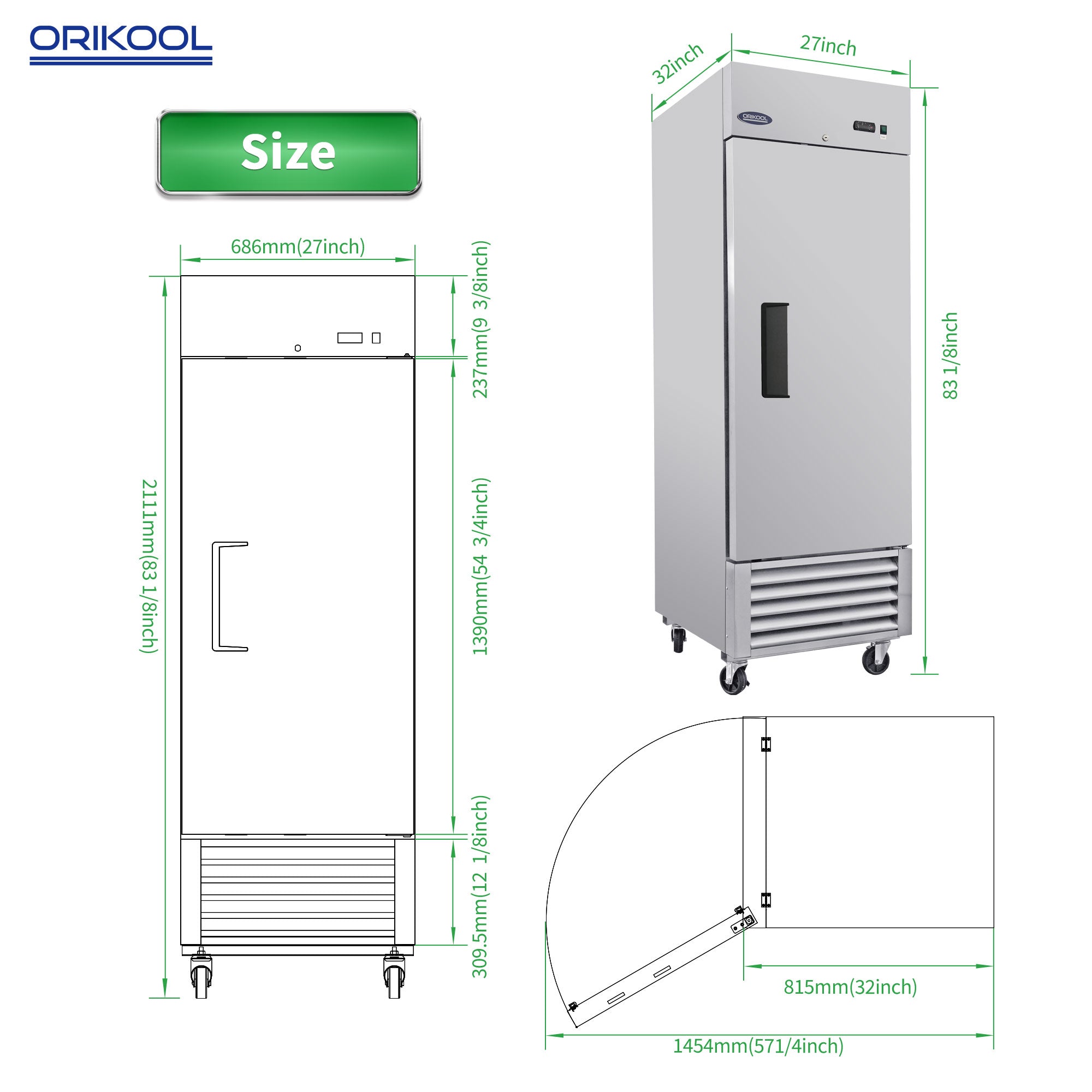 ORIKOOL 27" Solid Door Reach-In Commercial Refrigerator 23 cu.ft. ST27BR