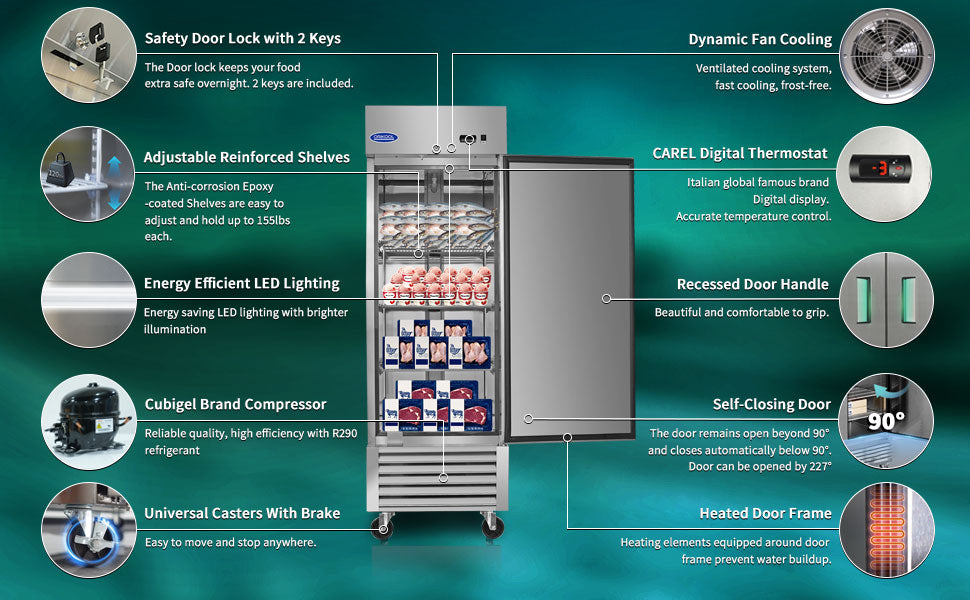 ORIKOOL 27" Commercial Reach-In Freezer in Stainless Steel, 1 Solid Door, 23 cu.ft.