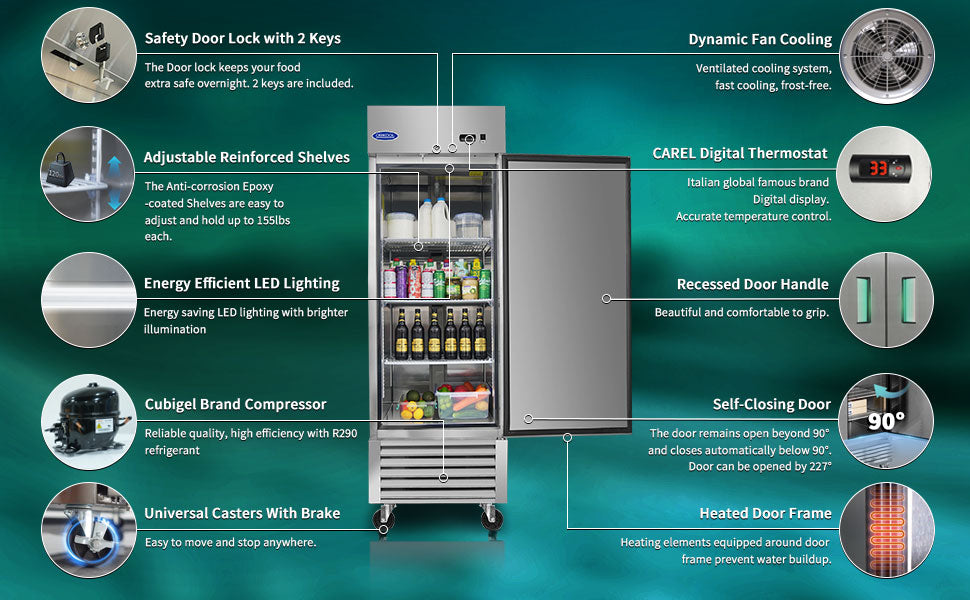 ORIKOOL 27" Commercial Reach-In Refrigerator in Stainless Steel, 1 Solid Door, 23 cu.ft.