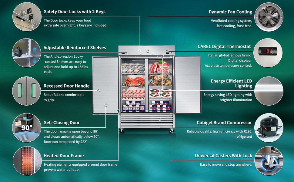 ORIKOOL 54" Commercial Reach-In Freezer in Stainless Steel, 2 Solid Doors, 49 cu.ft.