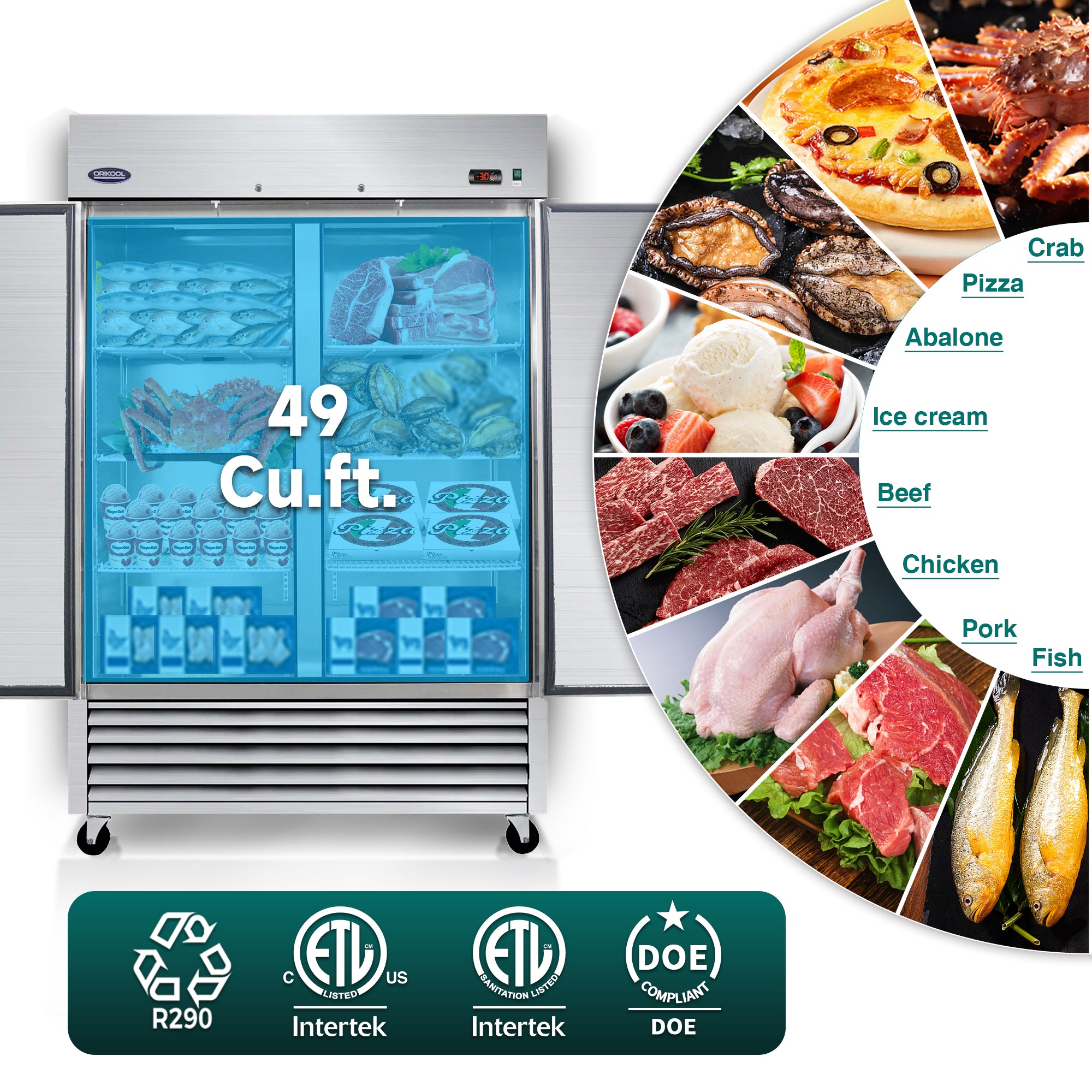 ORIKOOL 54" Commercial Reach-In Freezer in Stainless Steel, 2 Solid Doors, 49 cu.ft.