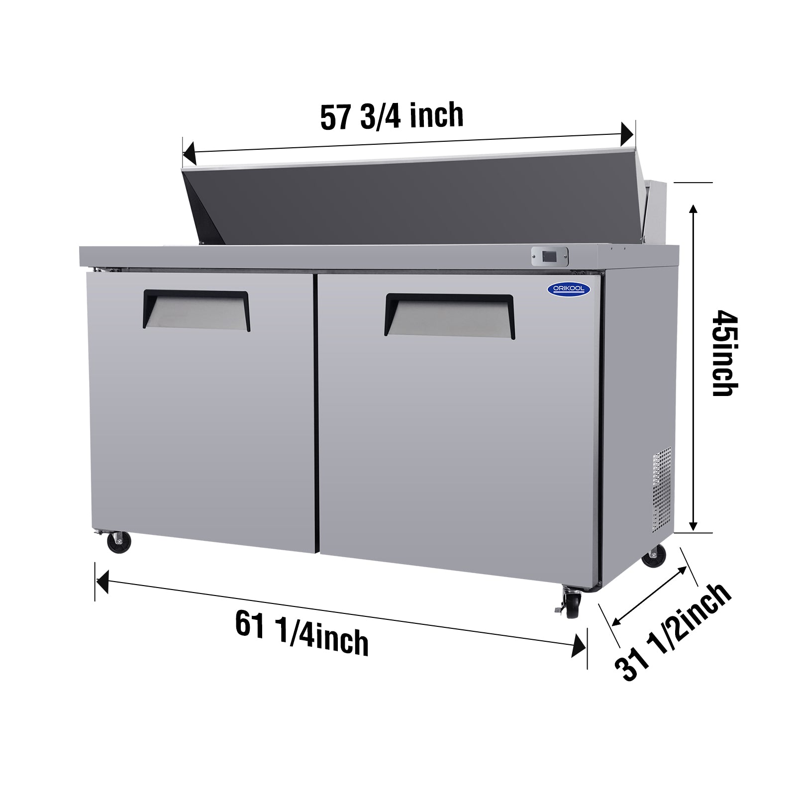 ORIKOOL 60 in. 18 cu.ft. Double Door Stainless Steel Refrigerated Salad Sandwich Prep Table Commercial Refrigerator Restaurant Refrigerator 16 pans TSSP60