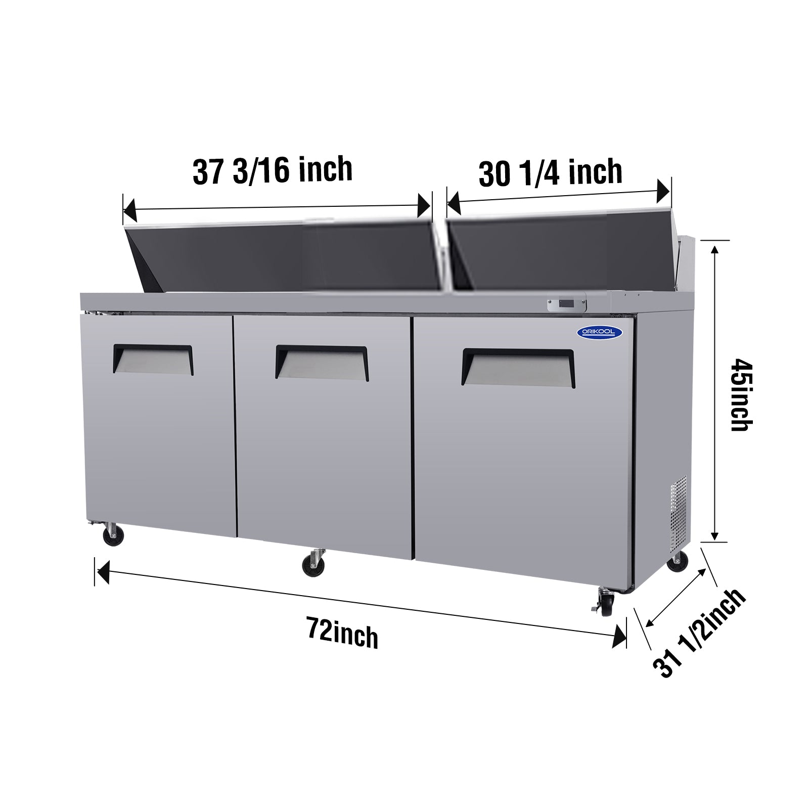 ORIKOOL TSSP72 Refrigerated Salad Prep Table 72 in. 22 cu.ft. 3-Door 18 pans