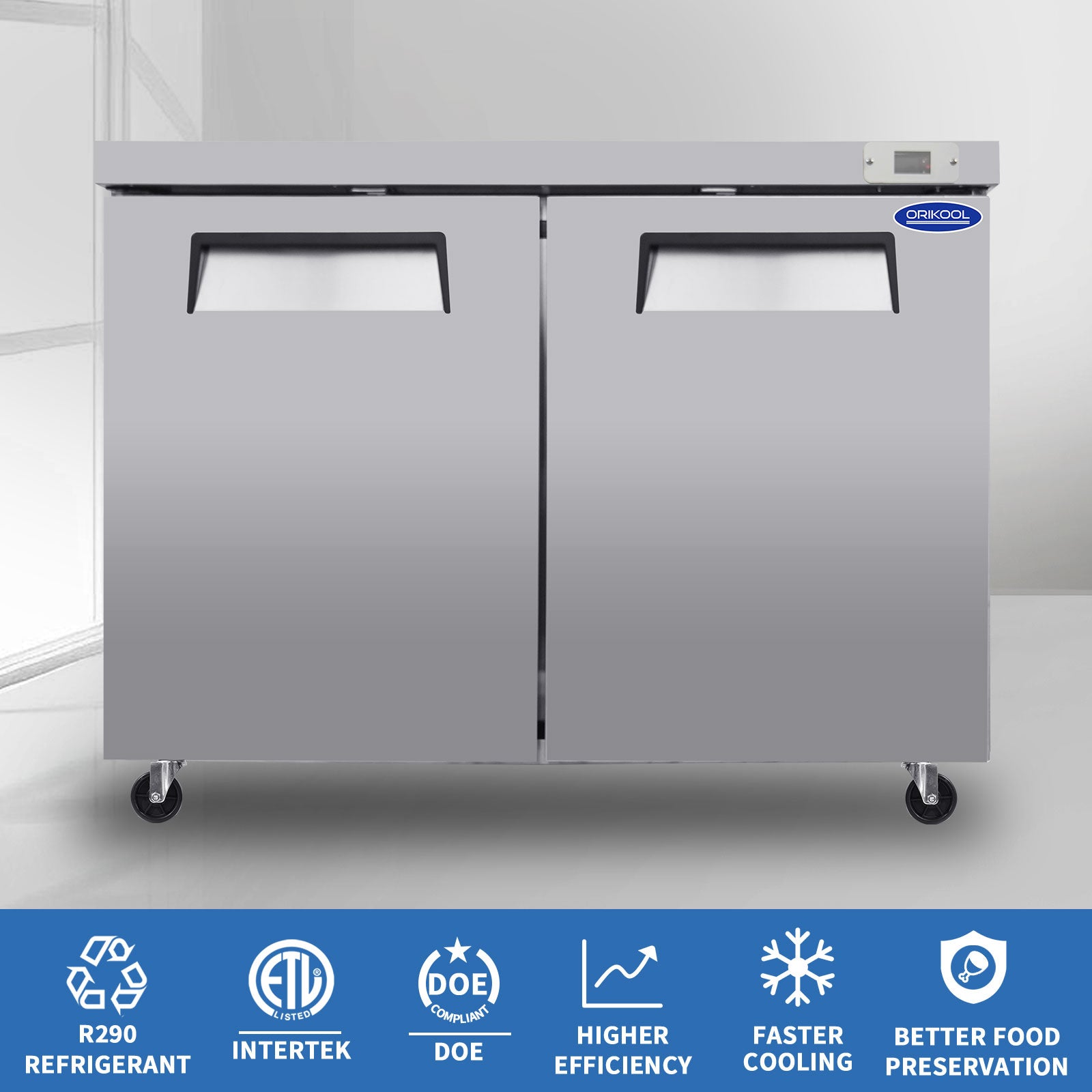 ORIKOOL 48'' 2-Door Undercounter & Work Top Freezer in  Stainless Steel, 14.1 cu. ft.