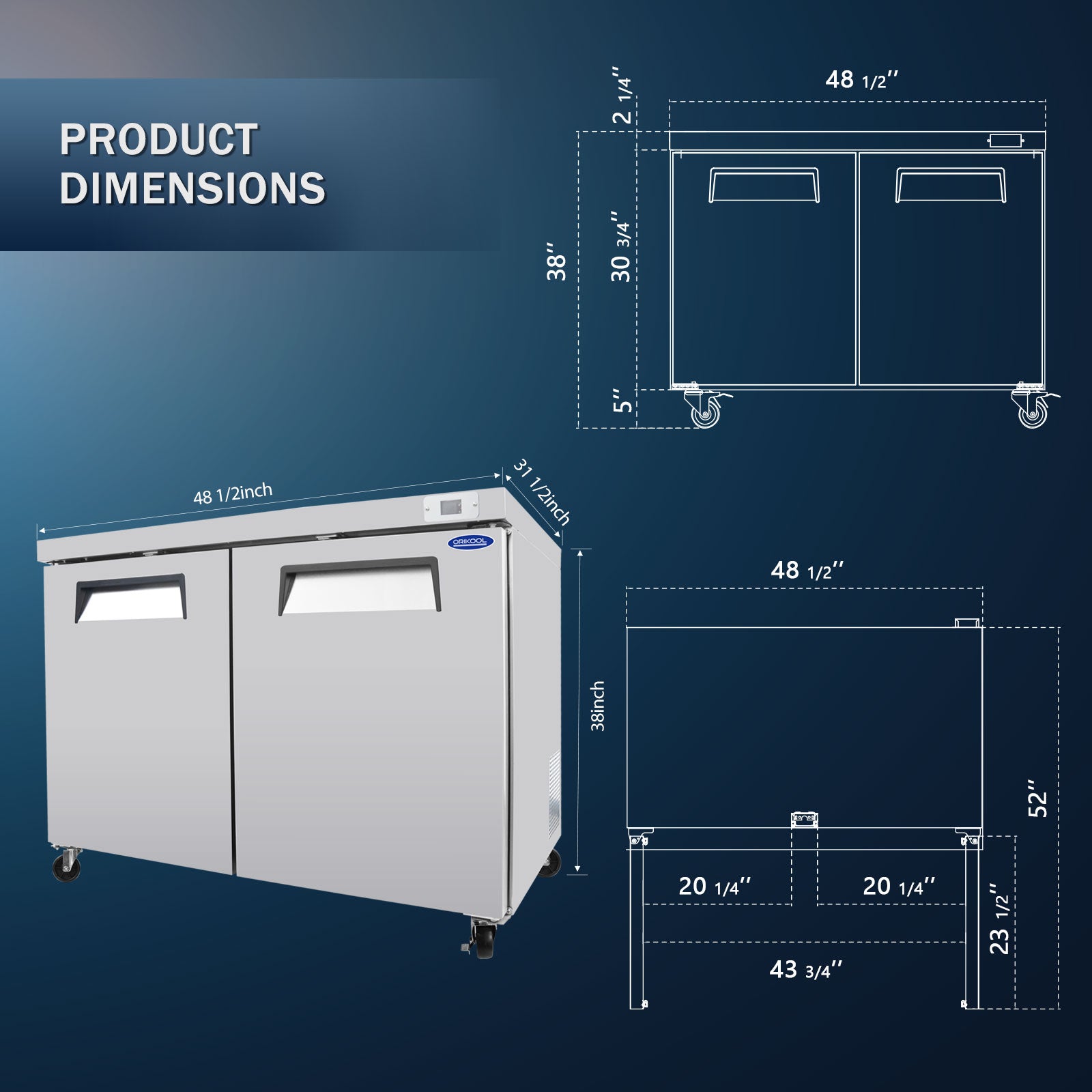 ORIKOOL 48'' 2-Door Undercounter & Work Top Refrigerator in Stainless Steel, 14.1 cu. ft.