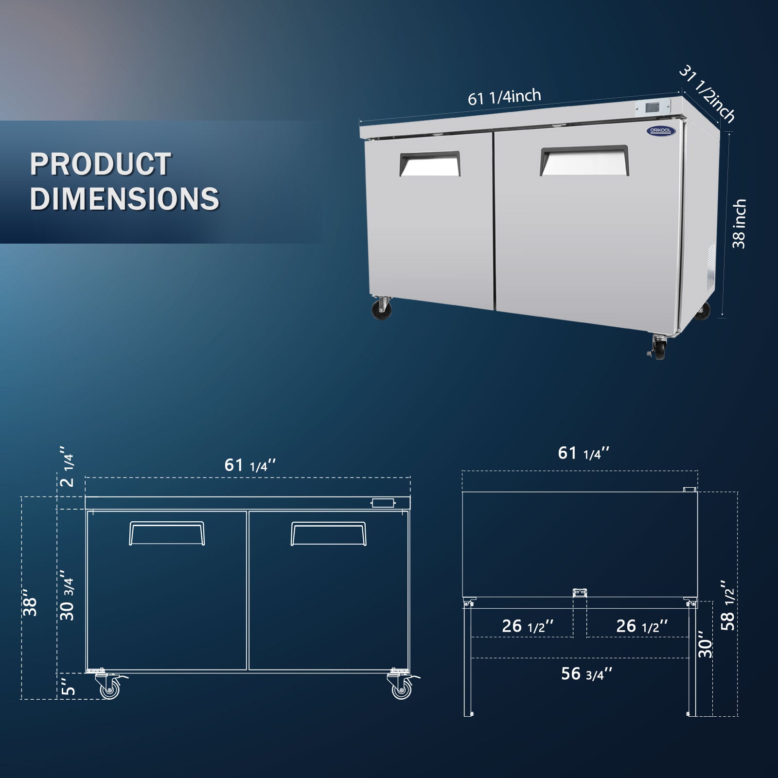 ORIKOOL 60'' 2-Door 18.5 cu. ft. Stainless Steel Undercounter & Work Top Freezer TUC60F