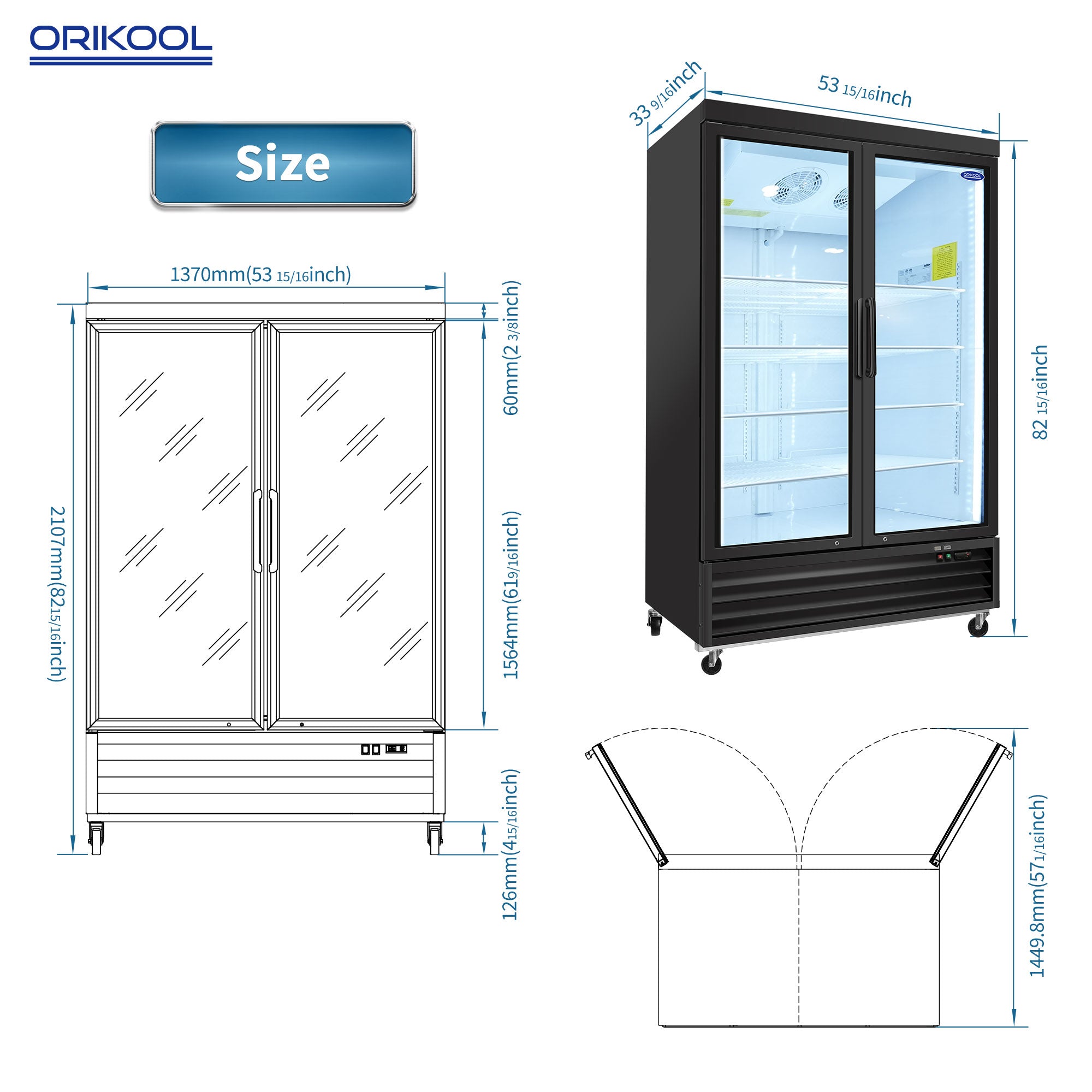 ORIKOOL 54" Commercial Display Merchandiser Refrigerator, 2 Swing Glass Doors, 44.7 cu.ft. with LED Lighting